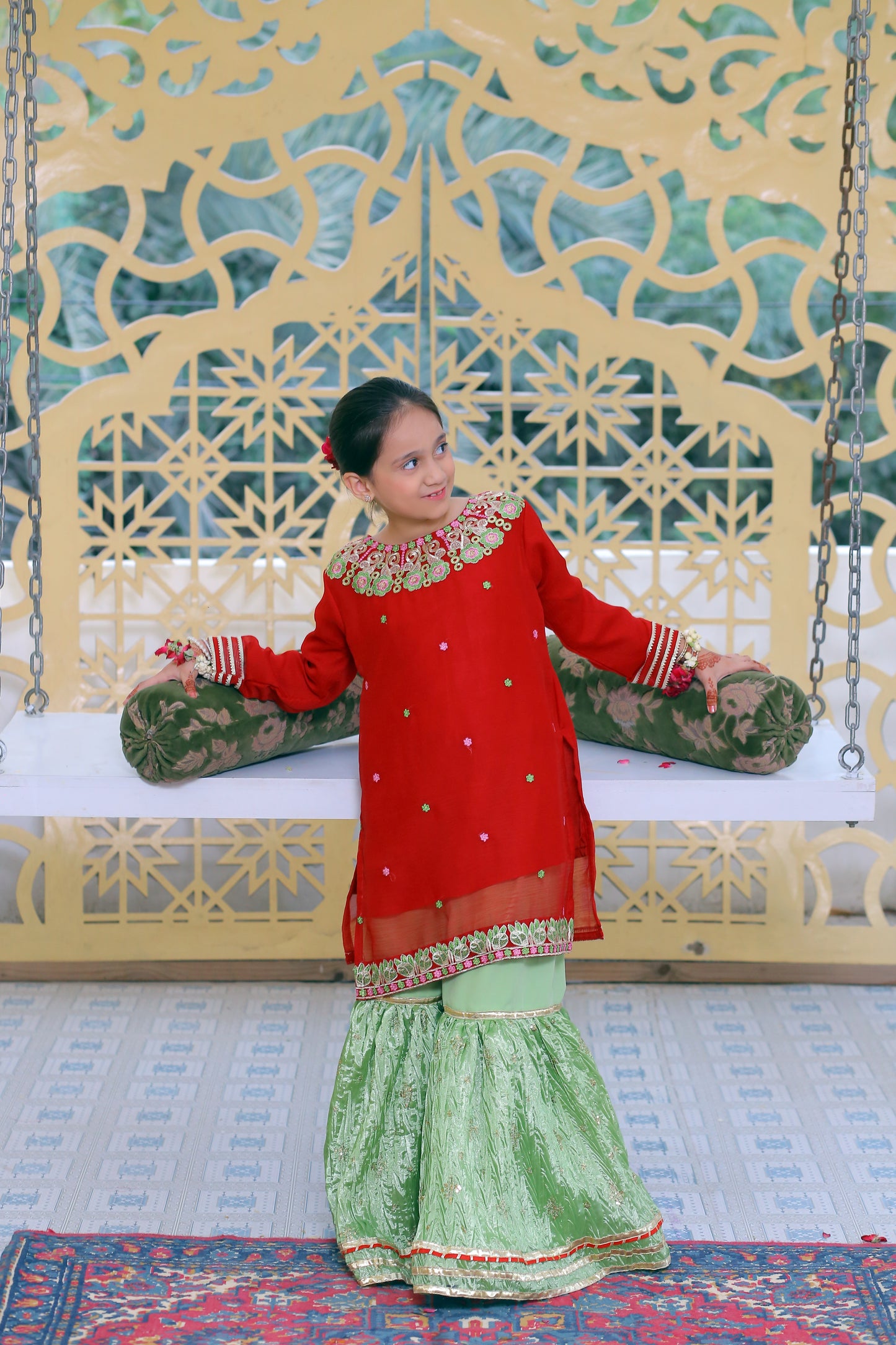 3 piece Beautiful Reddish Maroon Chiffon Embroidery Gharara Suit with Pistachio Green Embroidery Crush Gharara & Pistachio Green Chiffon Dupatta & Golden Laces.(Stitch).