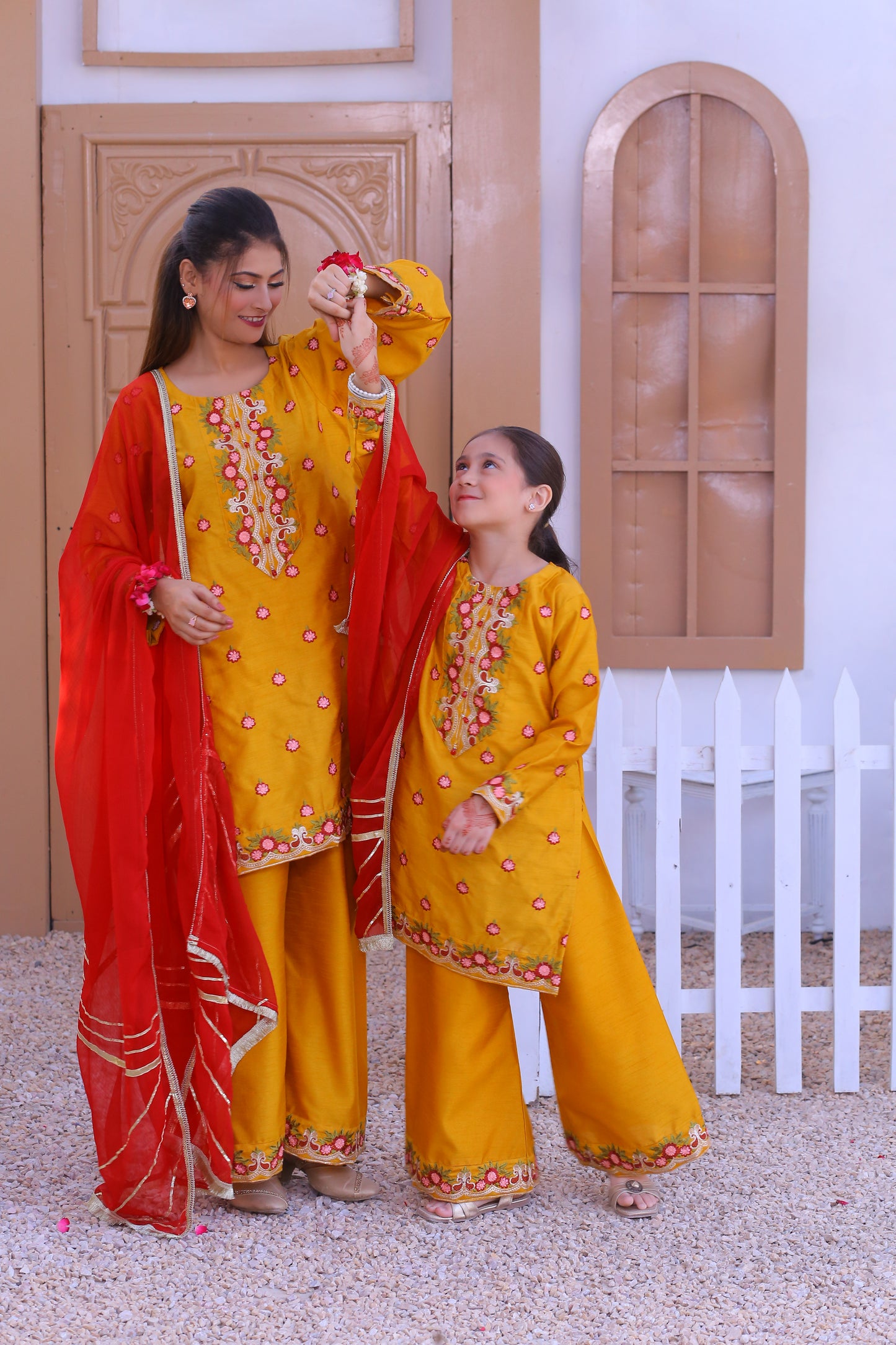 3 piece Mustered Raw Silk Embroidered Plazo Suit with Reddish Maroon Chiffon Dupatta & Golden Laces.(Stitch)
