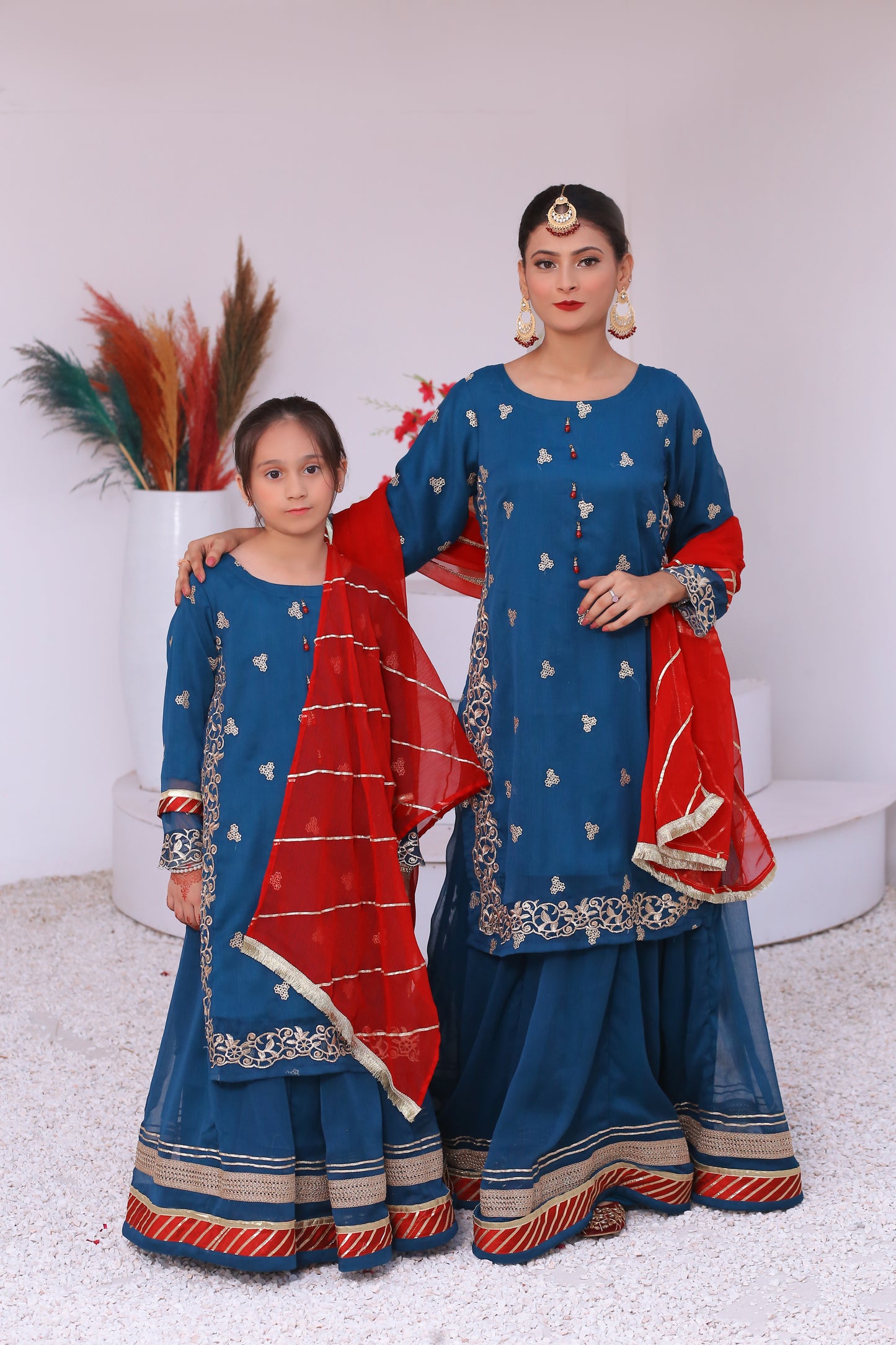 3 piece Peacock Embroidered Chiffon Long Shirt Lehenga Suit With Reddish Maroon Chiffon Dupatta & Golden Laces.(Stitch)