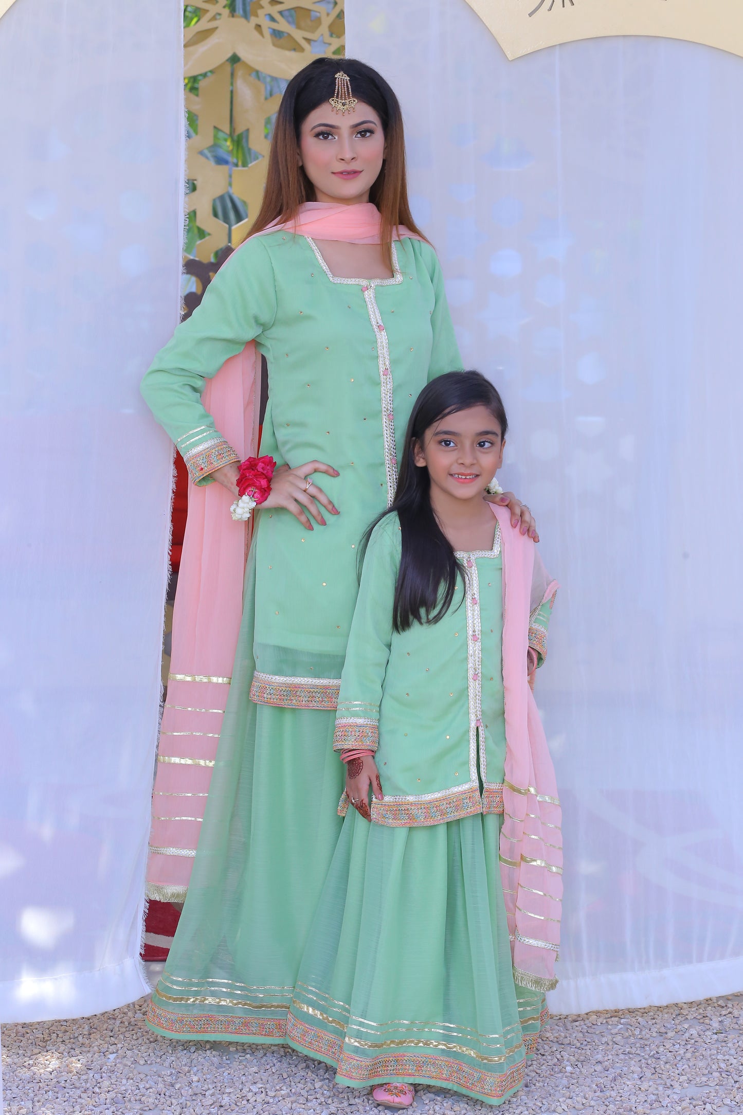 3 piece Pistachio Green Chiffon Lehenga Suit with Baby Pink Chiffon Dupatta & Multicolor & Golden Laces .(Stitch)