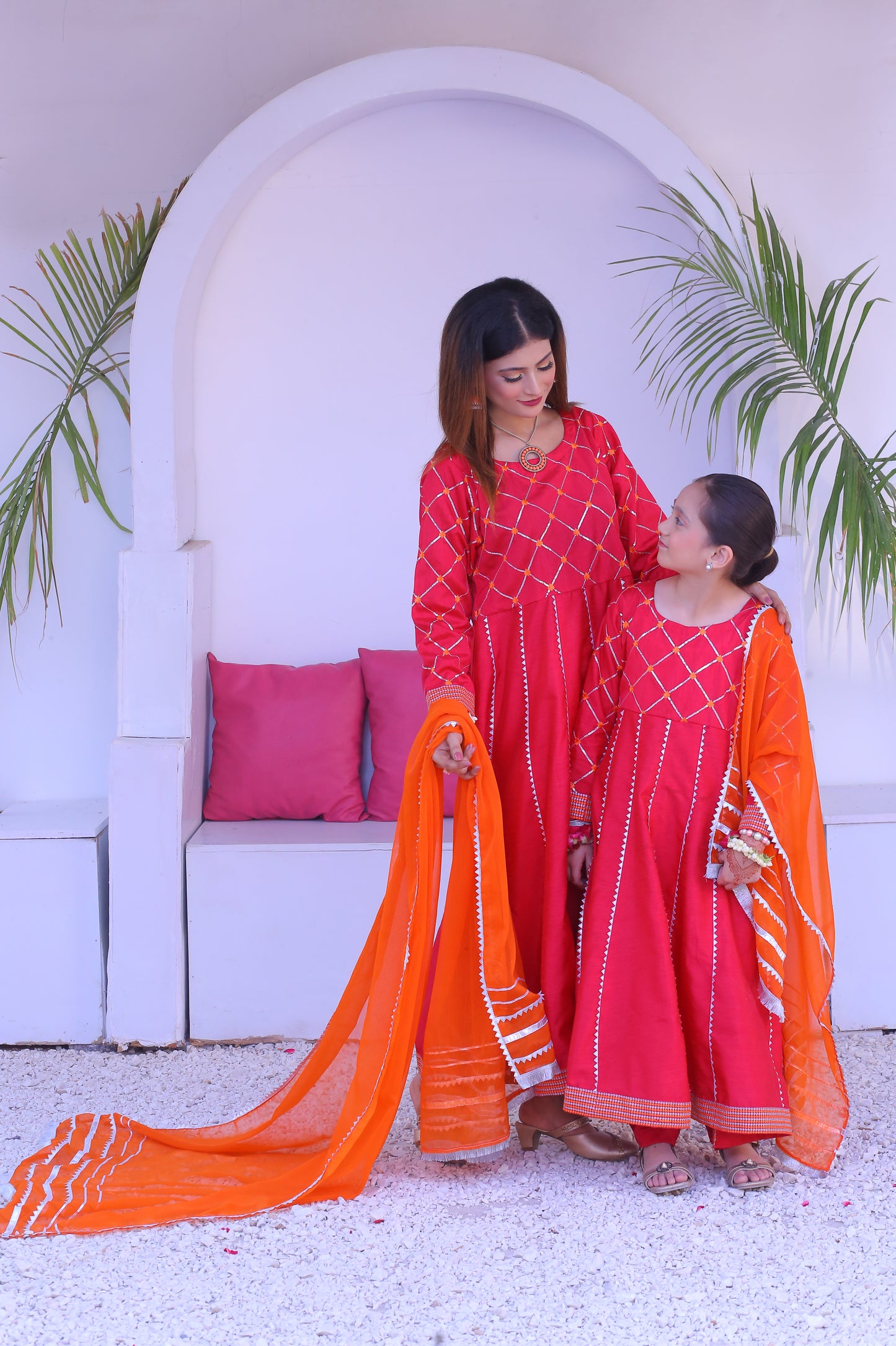 3 piece Shocking Pink Silver Embroidery Raw Silk Frock Suit with Dull Silk Trouser & Orange Chiffon Dupatta & Silver Laces.(Stitch)