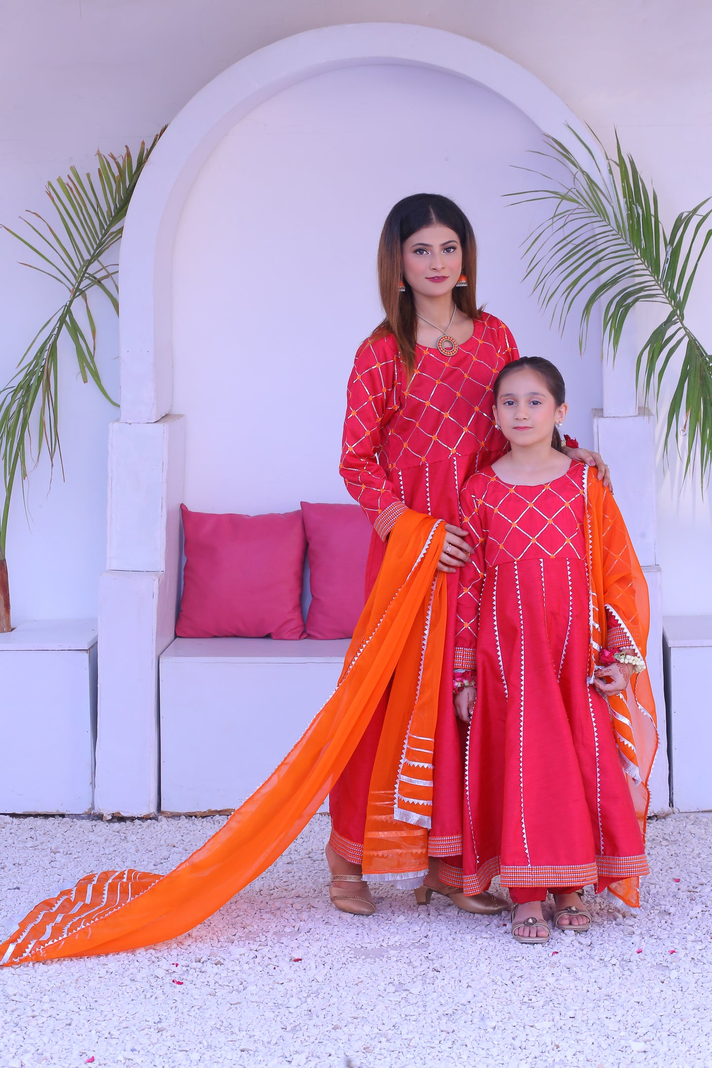 3 piece Shocking Pink Silver Embroidery Raw Silk Frock Suit with Dull Silk Trouser & Orange Chiffon Dupatta & Silver Laces.(Stitch)