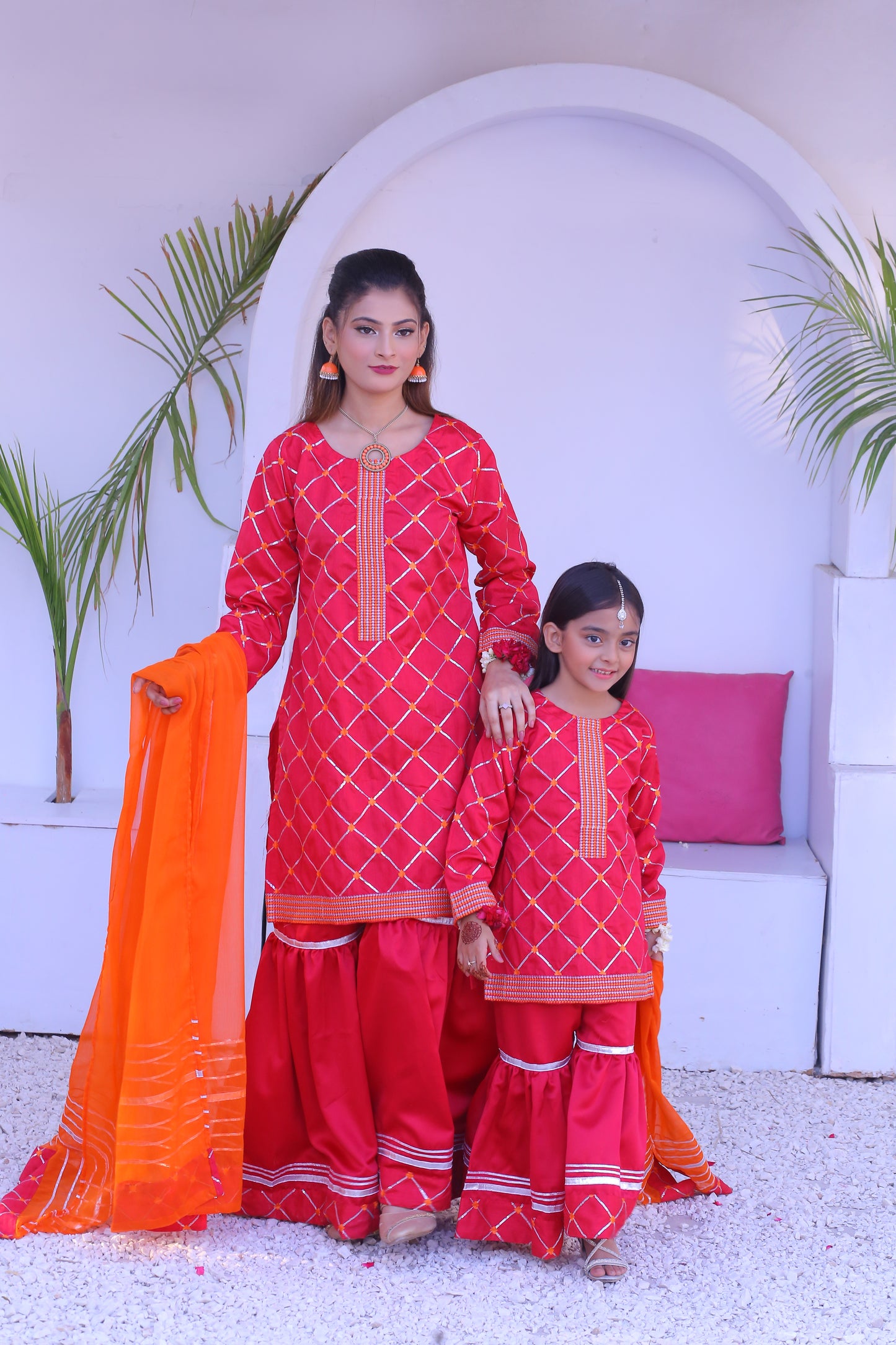 3 piece Stunning Shocking Pink Silver Embroidery Raw Silk Gharara Suit with Orange Chiffon Dupatta & Silver Laces.(Stitch)