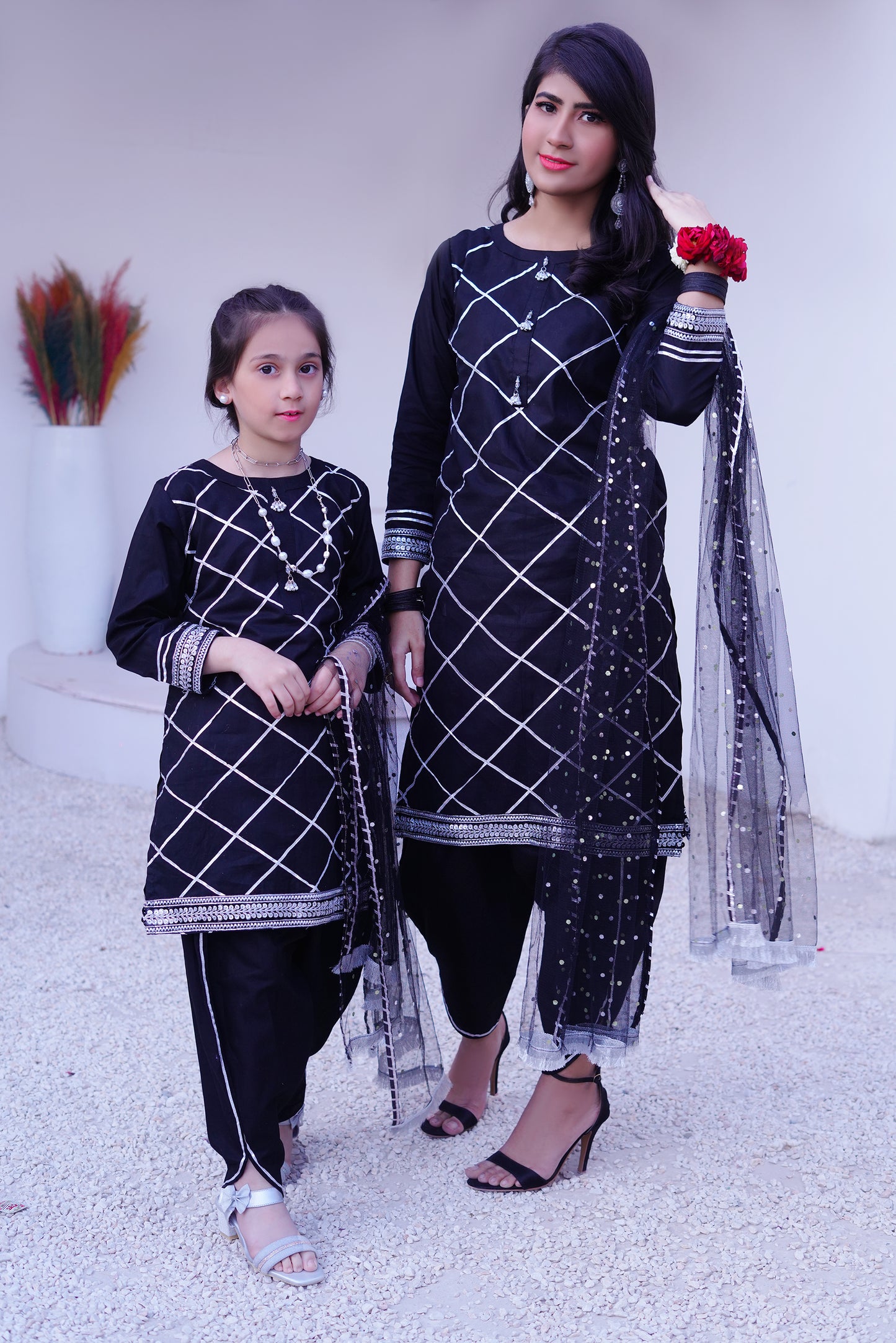 3 piece BLACK JET Cotton Tulip Suit with Black Silver net Dupatta & Silver Laces.(Stitch).