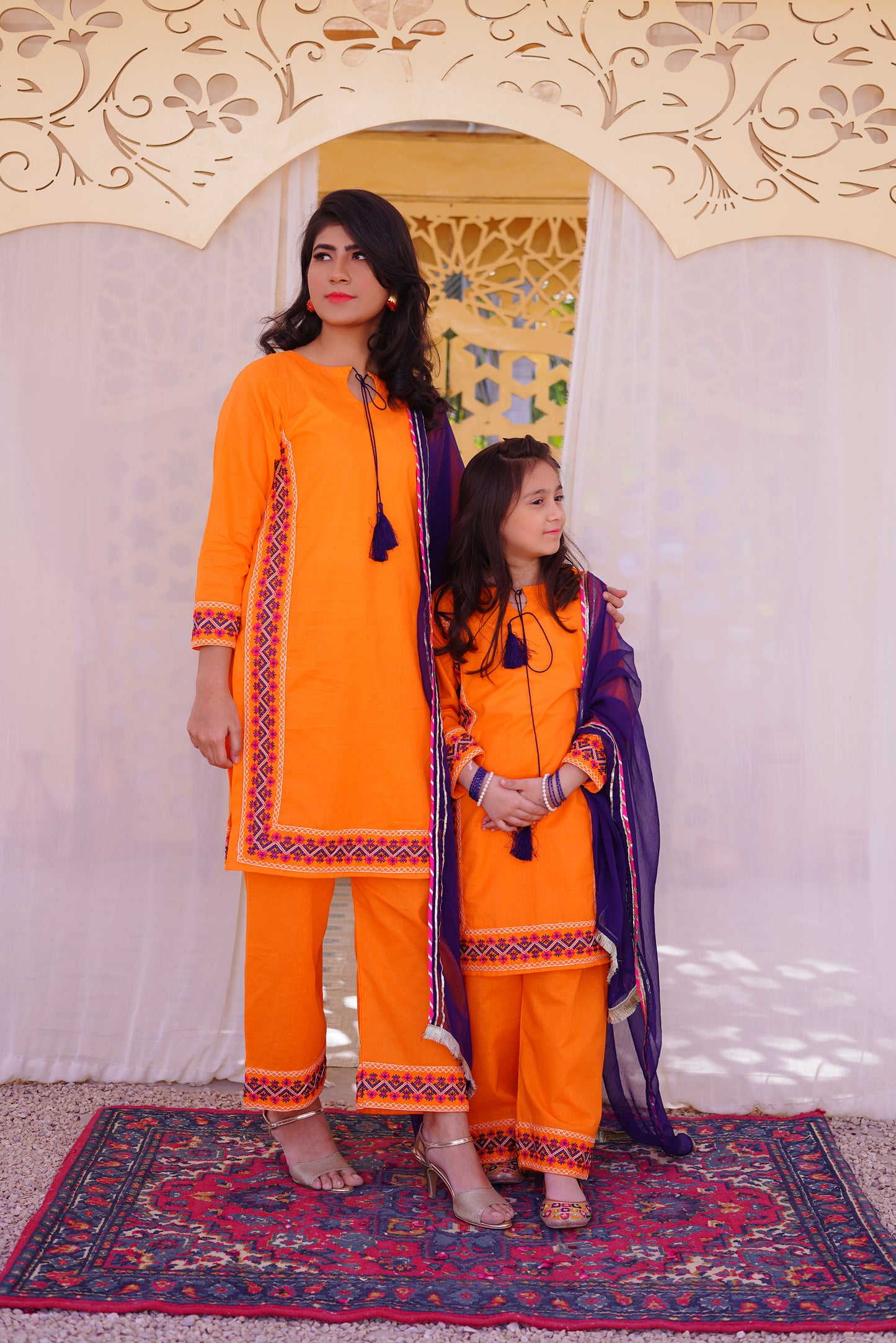 3 piece Orange Embroidered Cotton Palazzo Suit with Navy Blue Chiffon Dupatta & Laces.(Stitch).