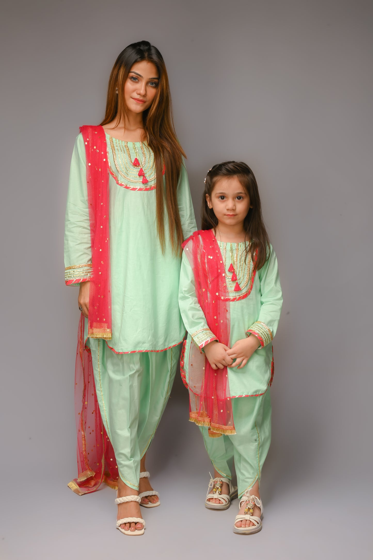 3 piece Aqua Green(Cyan) Cotton Tulip Suit with Carrot Pink net Dupatta & Golden Laces.(Stitch)