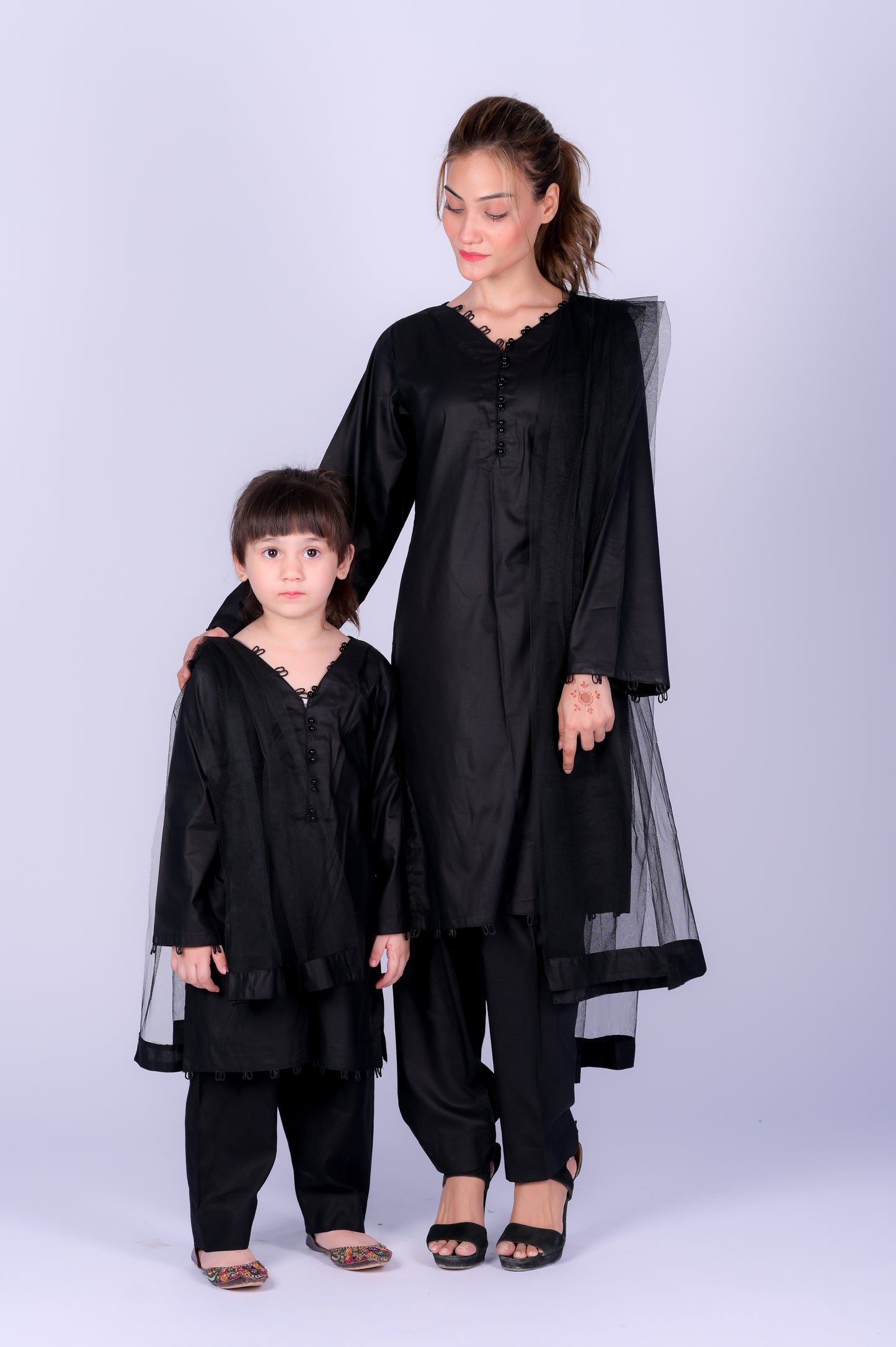 3 piece JET BLACK Cotton Suit with Black net Dupatta.(Stitch)