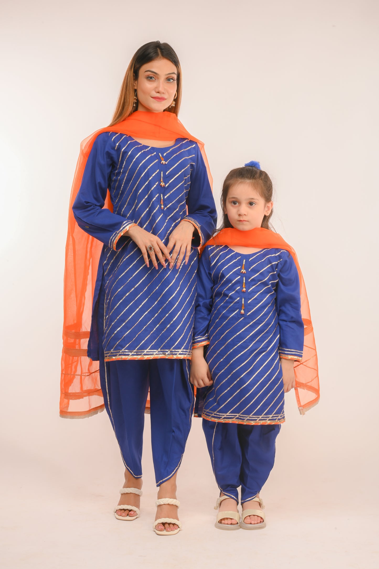 3 piece Royal Blue Cotton Tulip Suit with Orange net Dupatta & Laces.(Stitch).