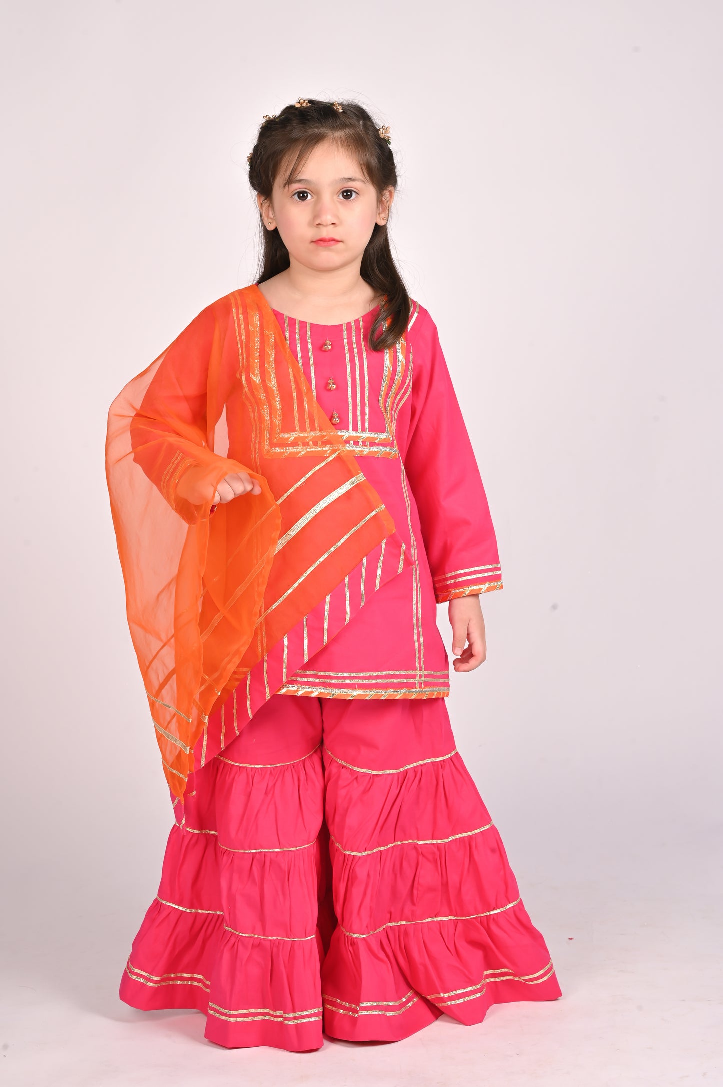 3 piece Shocking Pink Cotton Gharara Suit with Orange net Dupatta & Laces.(Stitch).