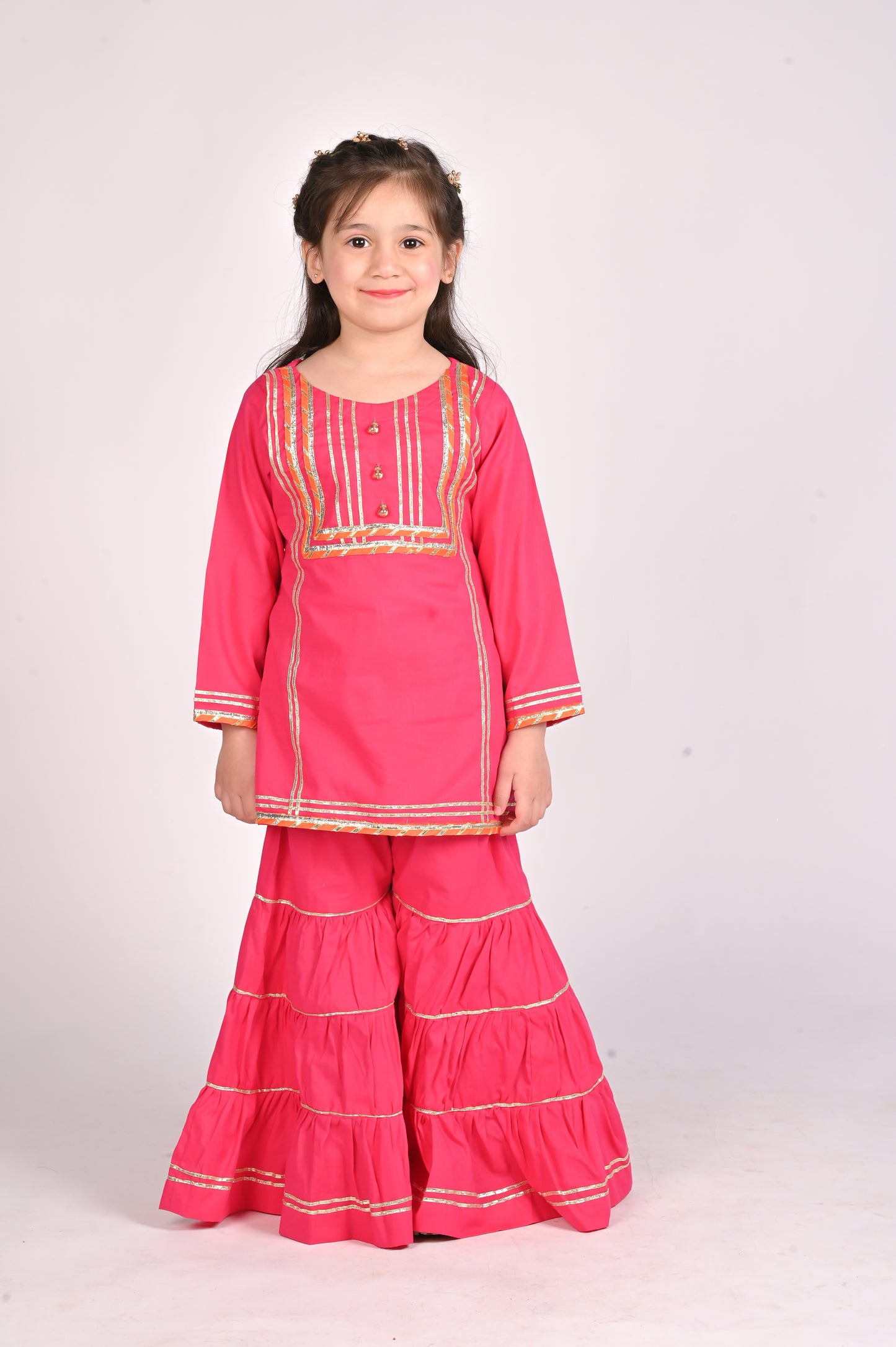 3 piece Shocking Pink Cotton Gharara Suit with Orange net Dupatta & Laces.(Stitch).