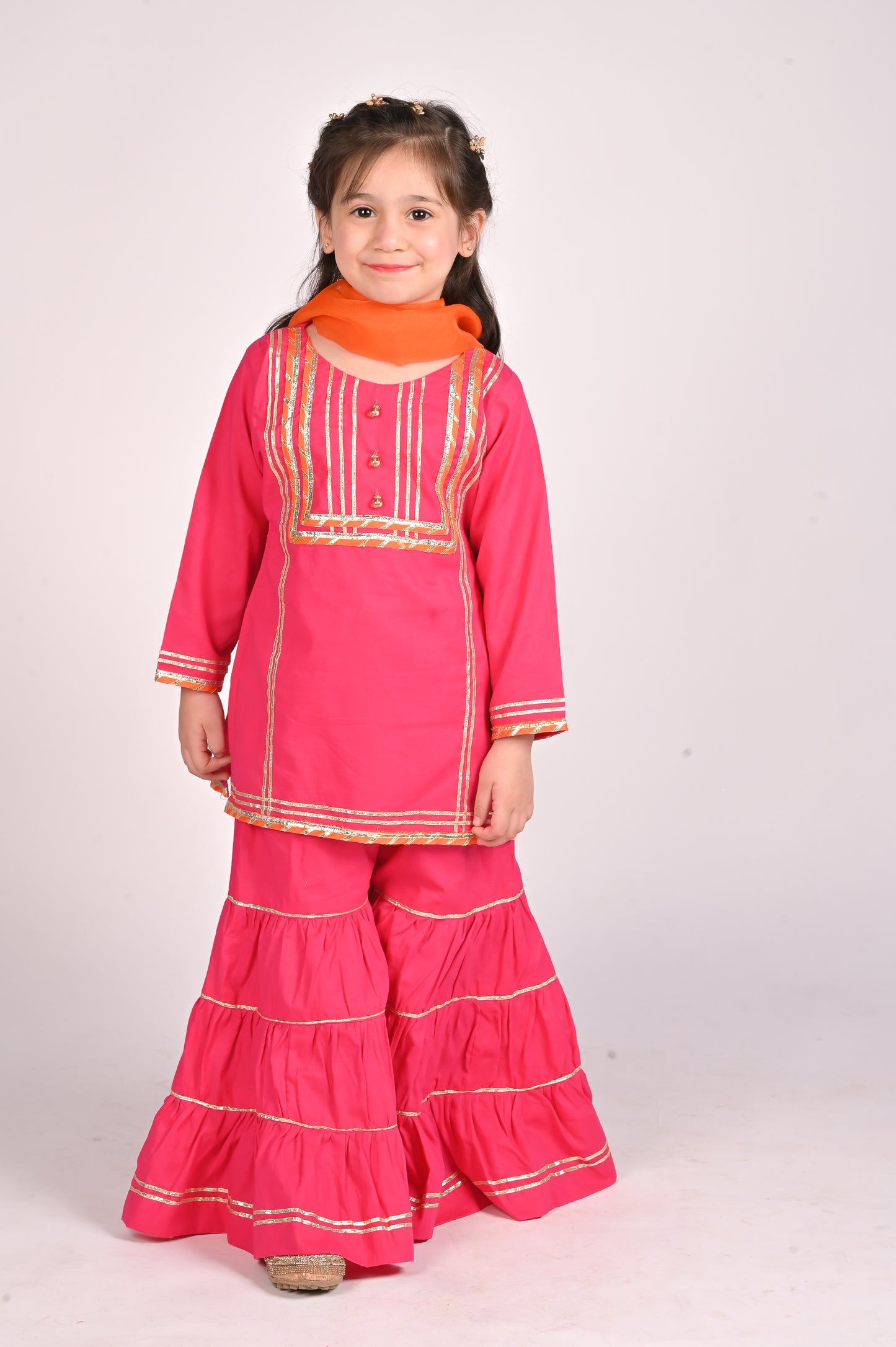 3 piece Shocking Pink Cotton Gharara Suit with Orange net Dupatta & Laces.(Stitch).