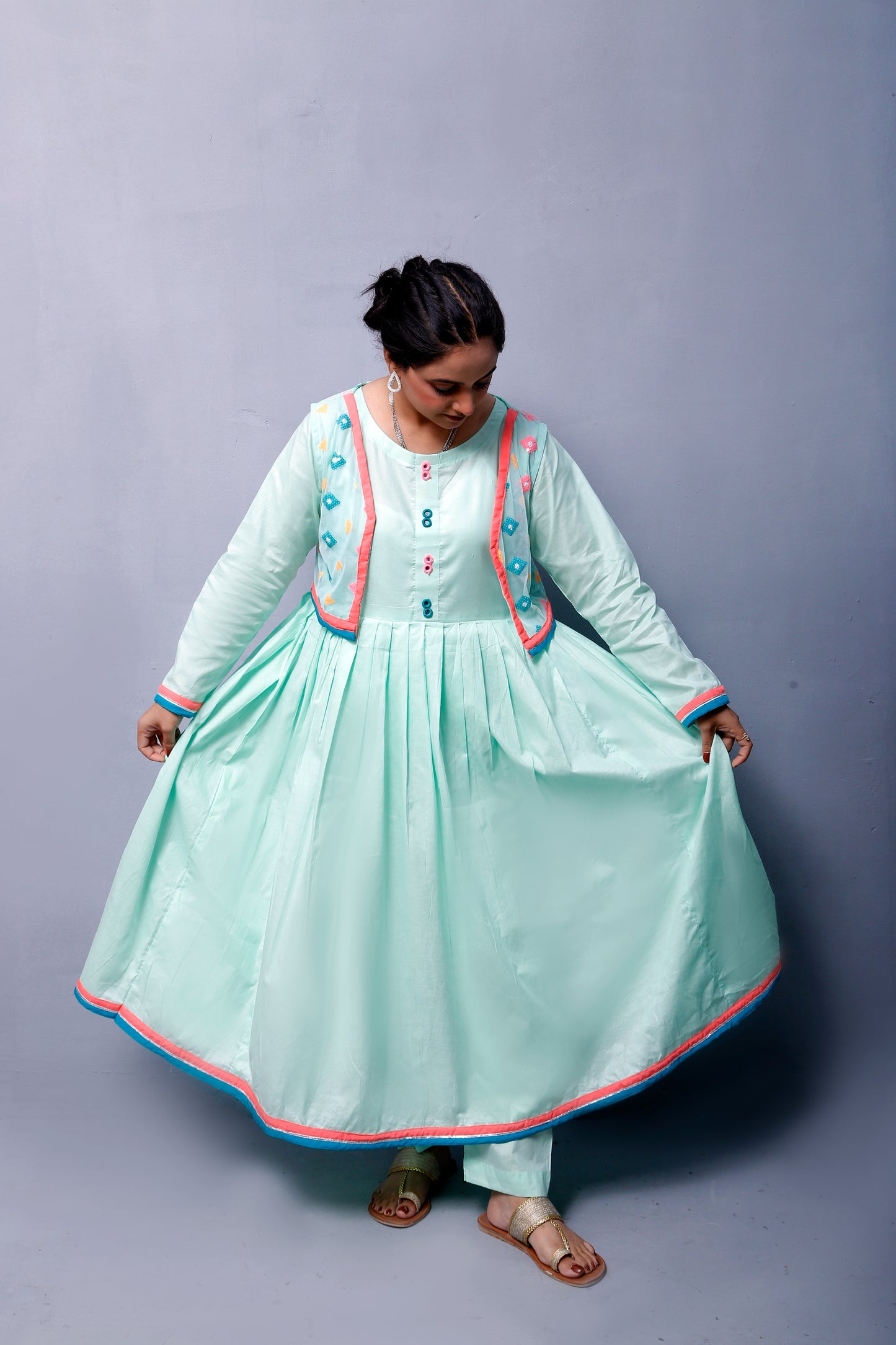 3 piece Stunning Cyan(Aqua Green) Cotton Frock with Multicolor Embroidered net Coati & Laces. (Stitch)
