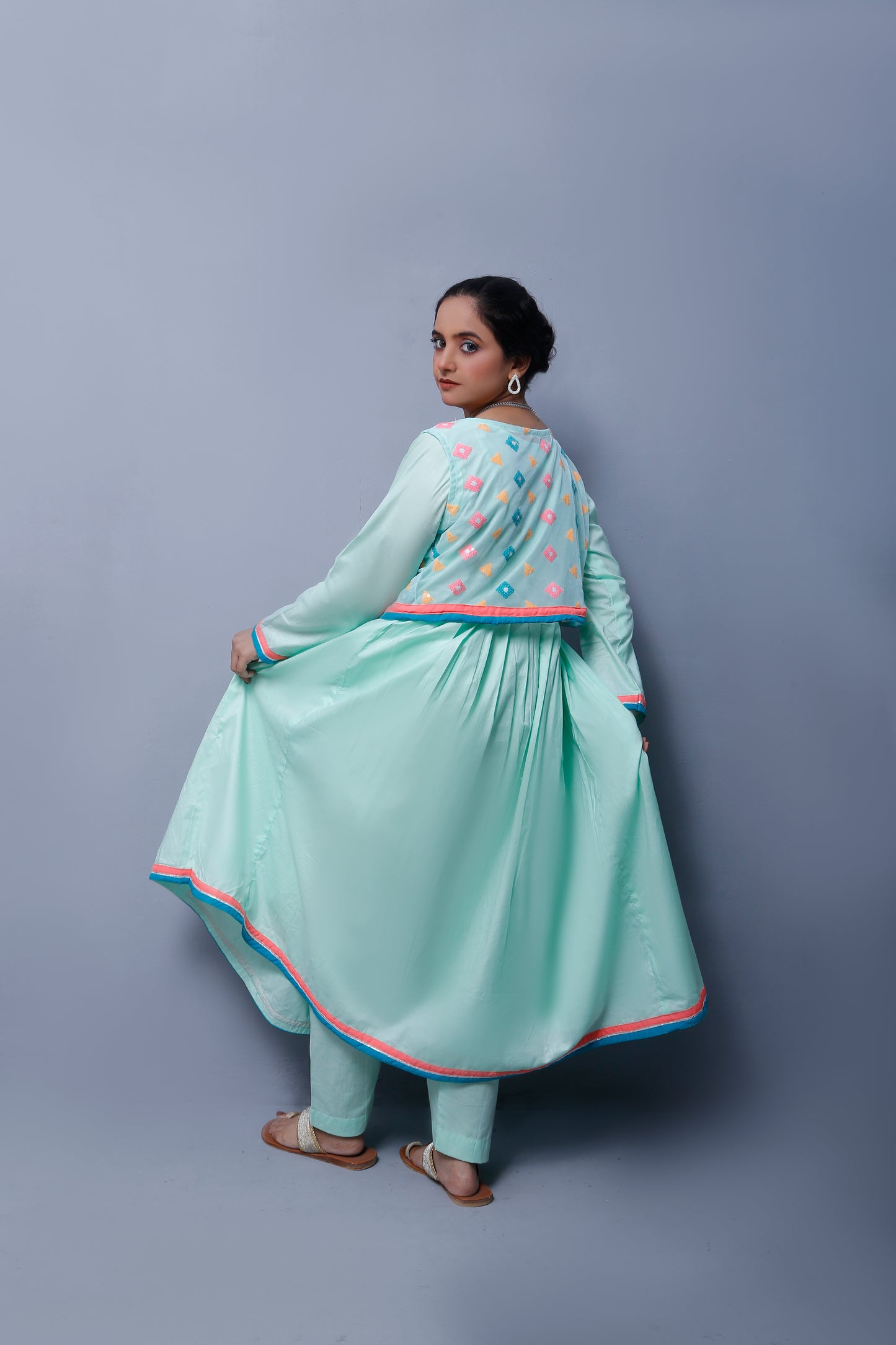 3 piece Stunning Cyan(Aqua Green) Cotton Frock with Multicolor Embroidered net Coati & Laces. (Stitch)