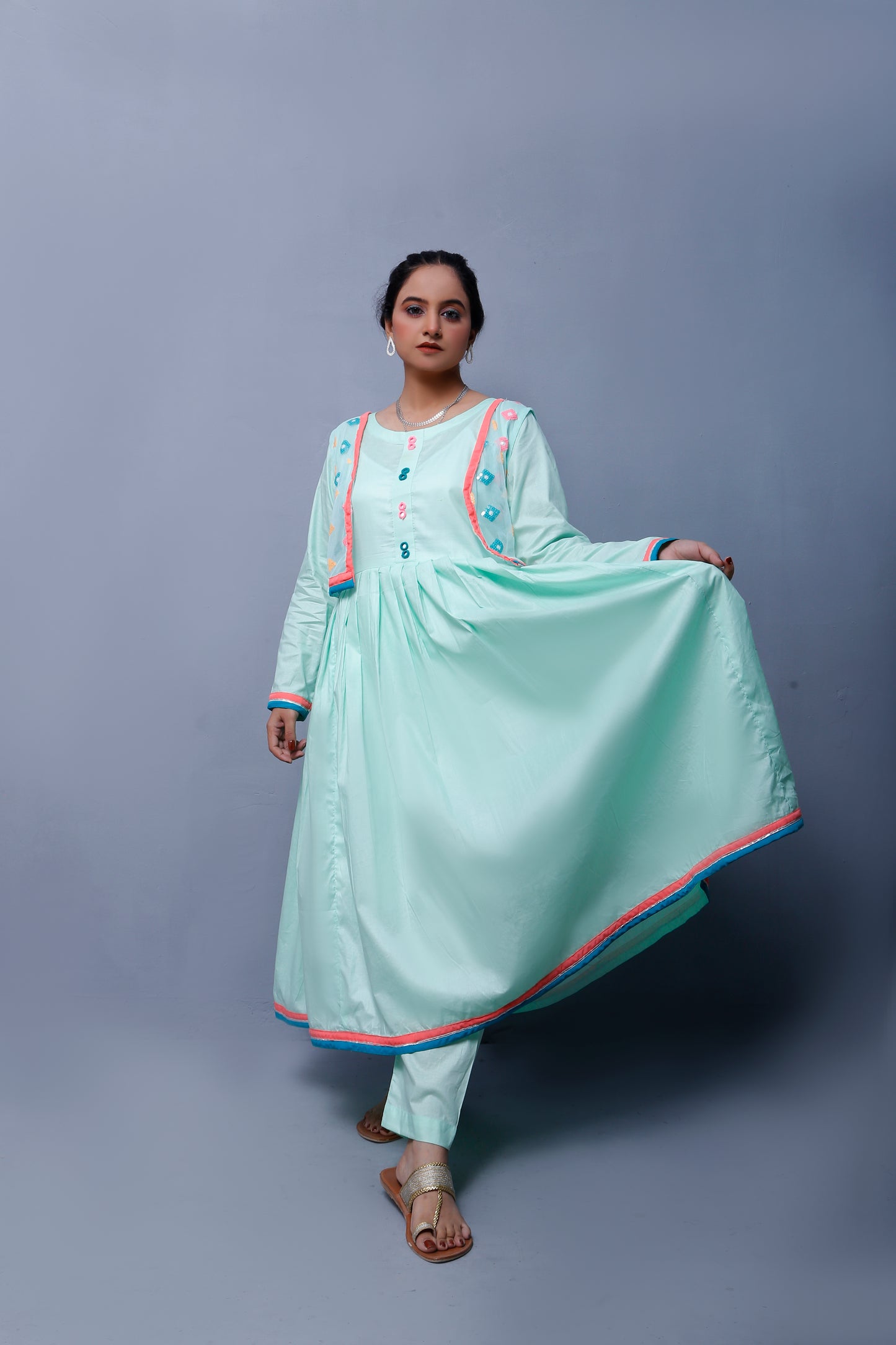 3 piece Stunning Cyan(Aqua Green) Cotton Frock with Multicolor Embroidered net Coati & Laces. (Stitch)