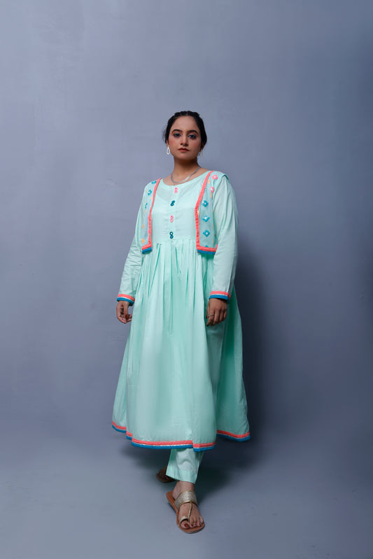 3 piece Stunning Cyan(Aqua Green) Cotton Frock with Multicolor Embroidered net Coati & Laces. (Stitch)