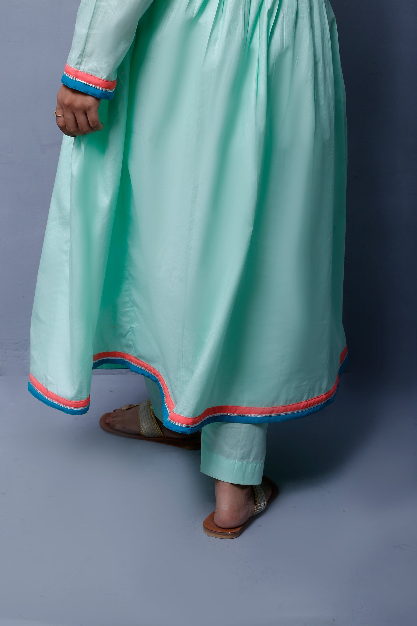 3 piece Stunning Cyan(Aqua Green) Cotton Frock with Multicolor Embroidered net Coati & Laces. (Stitch)