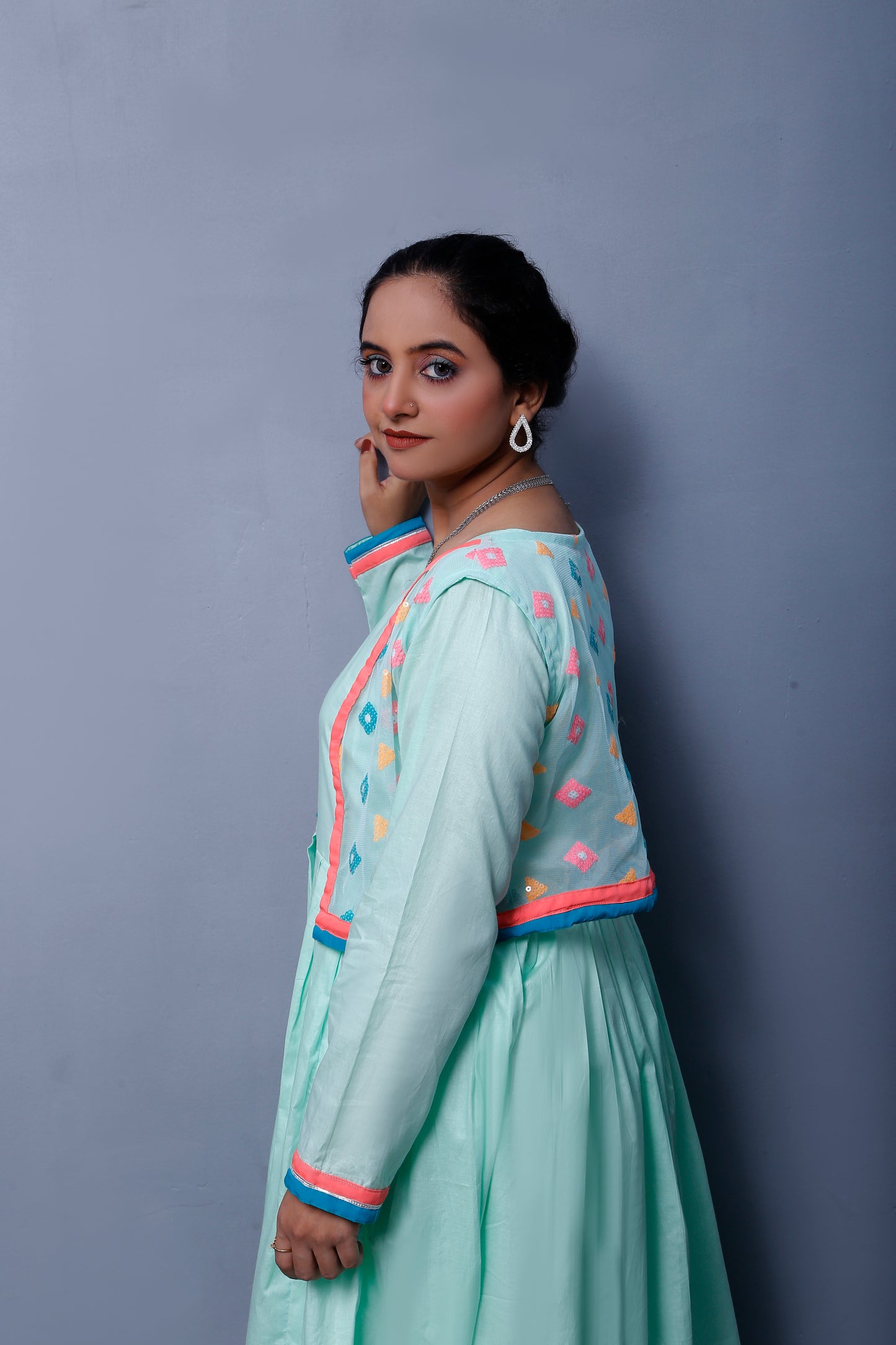 3 piece Stunning Cyan(Aqua Green) Cotton Frock with Multicolor Embroidered net Coati & Laces. (Stitch)