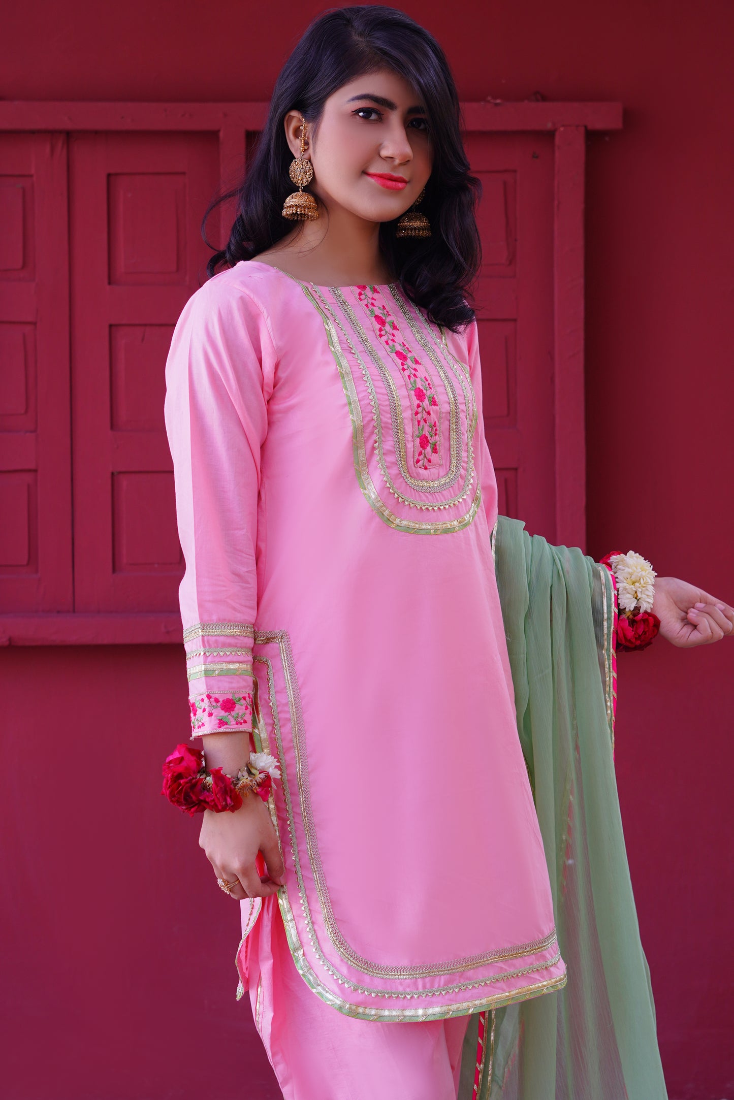 3 piece Baby Pink Embroidered Cotton Tulip Suit with Pistachio Green Chiffon Dupatta & Laces.(Stitch).