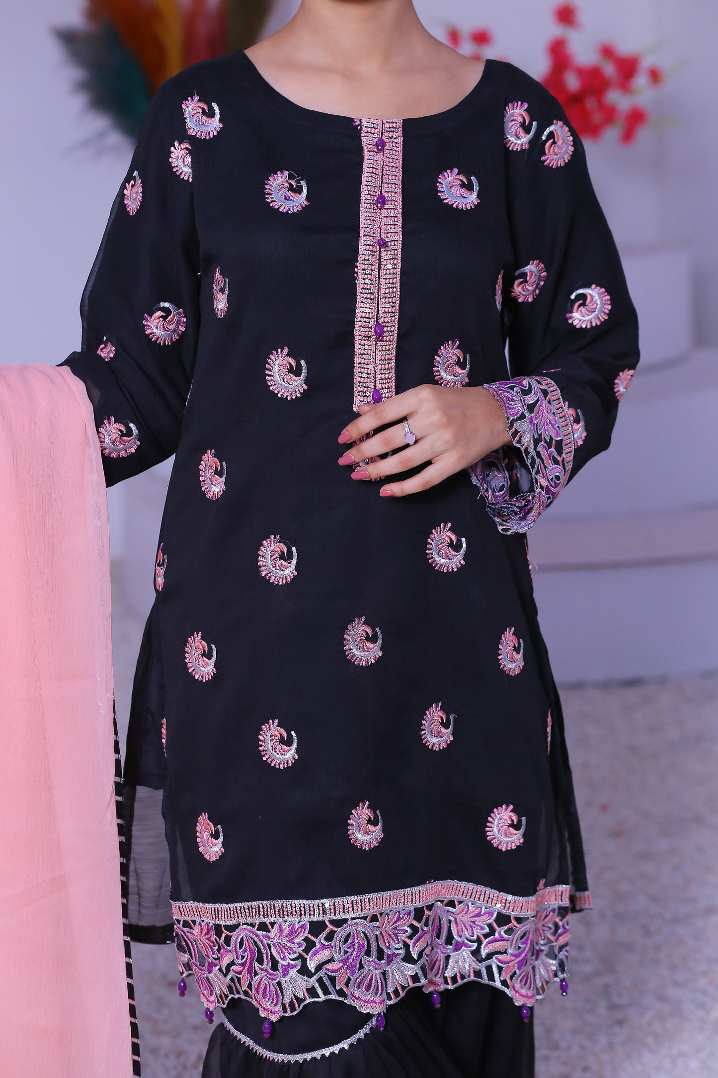 3 piece Black Embroidered Silver sequence Work Chiffon Gharara Suit with Baby Pink Chiffon Dupatta & Silver Laces with Purple Tusseles.(Stitch)