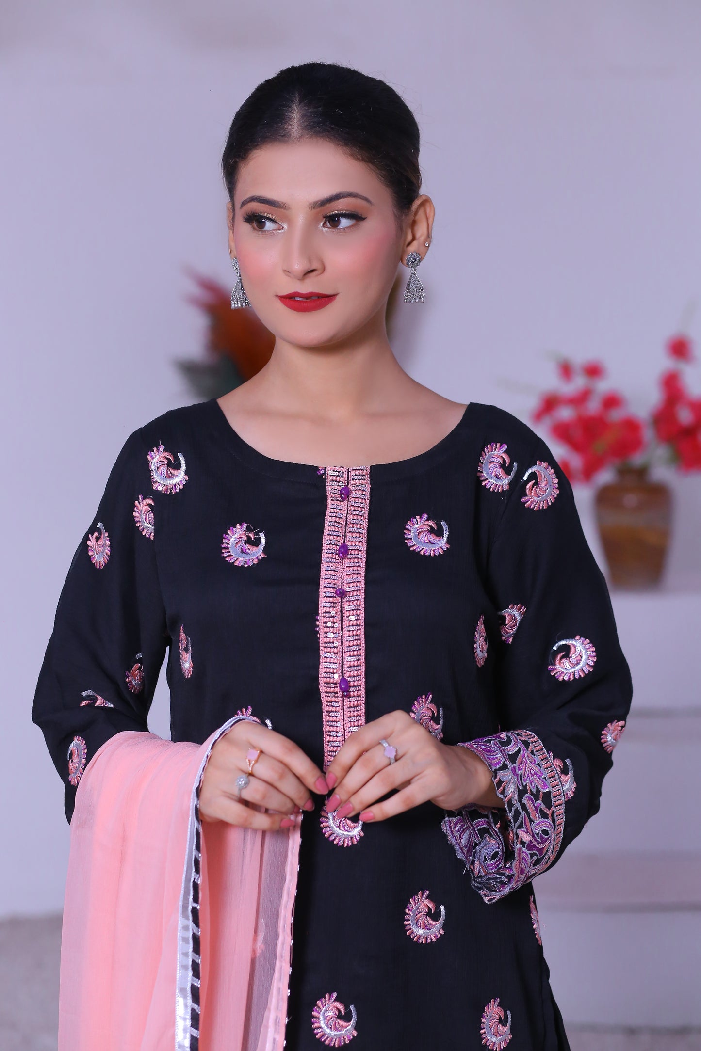 3 piece Black Embroidered Silver sequence Work Chiffon Gharara Suit with Baby Pink Chiffon Dupatta & Silver Laces with Purple Tusseles.(Stitch)