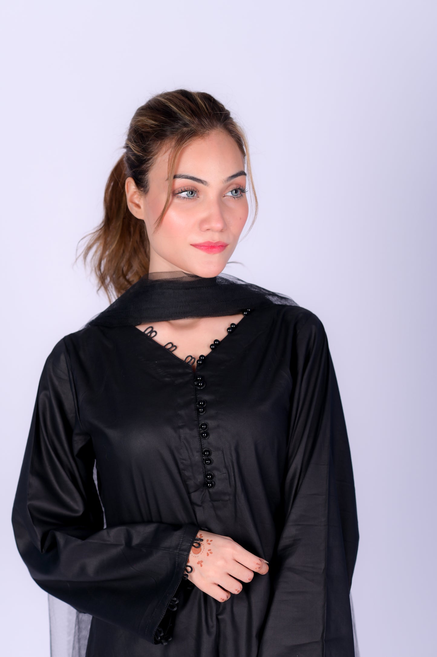 3 piece JET BLACK Cotton Suit with Black net Dupatta.(Stitch)