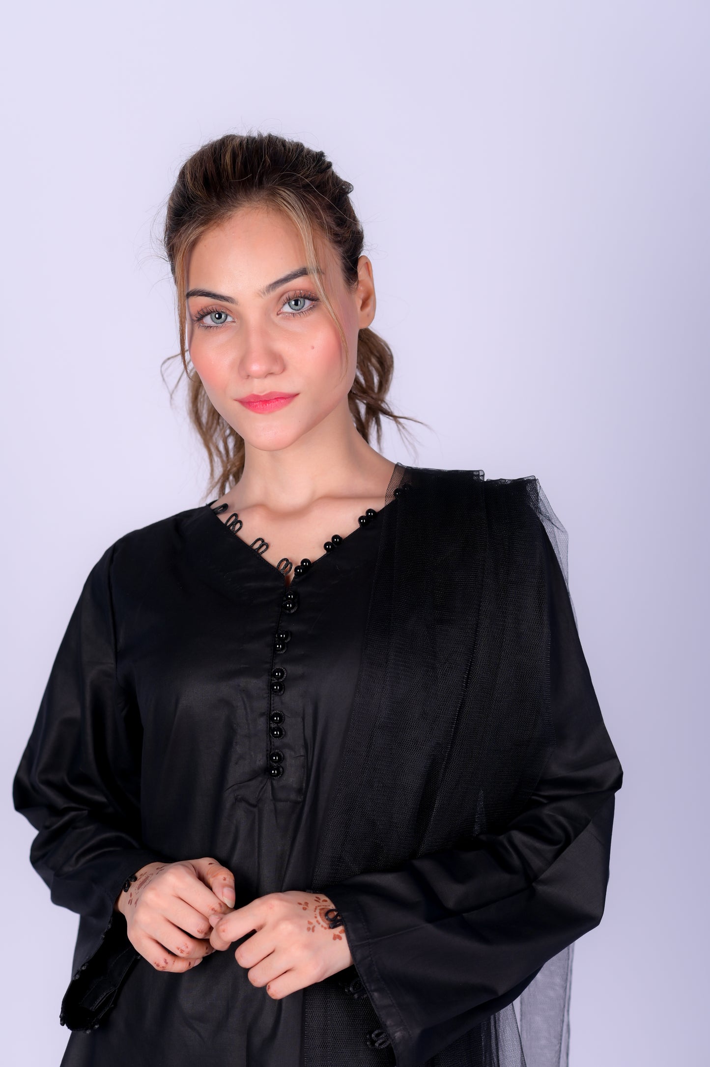3 piece JET BLACK Cotton Suit with Black net Dupatta.(Stitch)