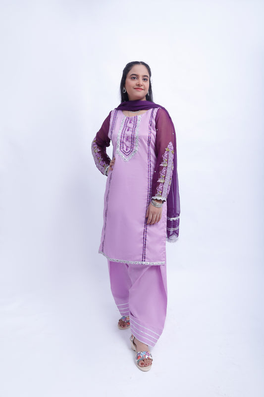 3 piece Light Purple Plazo Suit with Beautiful Silver Sitara Embroidered Purple Chiffon Sleeves & Purple Chiffon Dupatta. (Stitch)