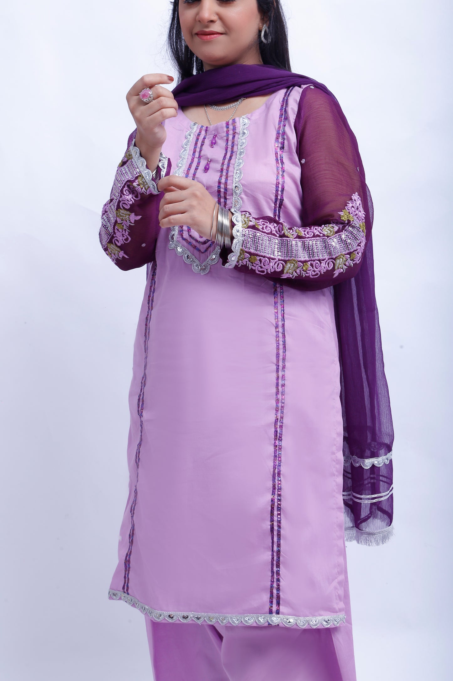 3 piece Light Purple Plazo Suit with Beautiful Silver Sitara Embroidered Purple Chiffon Sleeves & Purple Chiffon Dupatta. (Stitch)