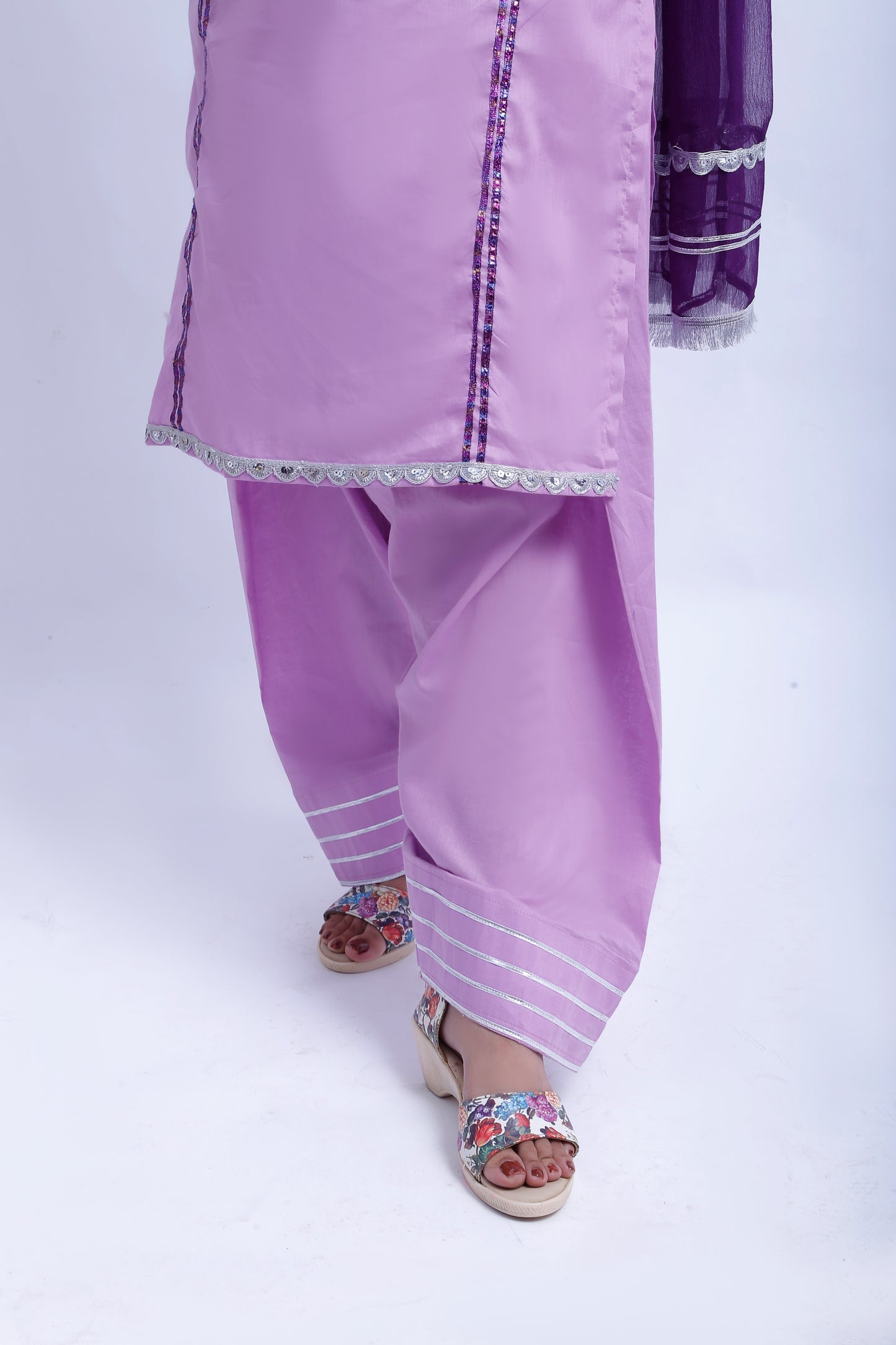 3 piece Light Purple Plazo Suit with Beautiful Silver Sitara Embroidered Purple Chiffon Sleeves & Purple Chiffon Dupatta. (Stitch)