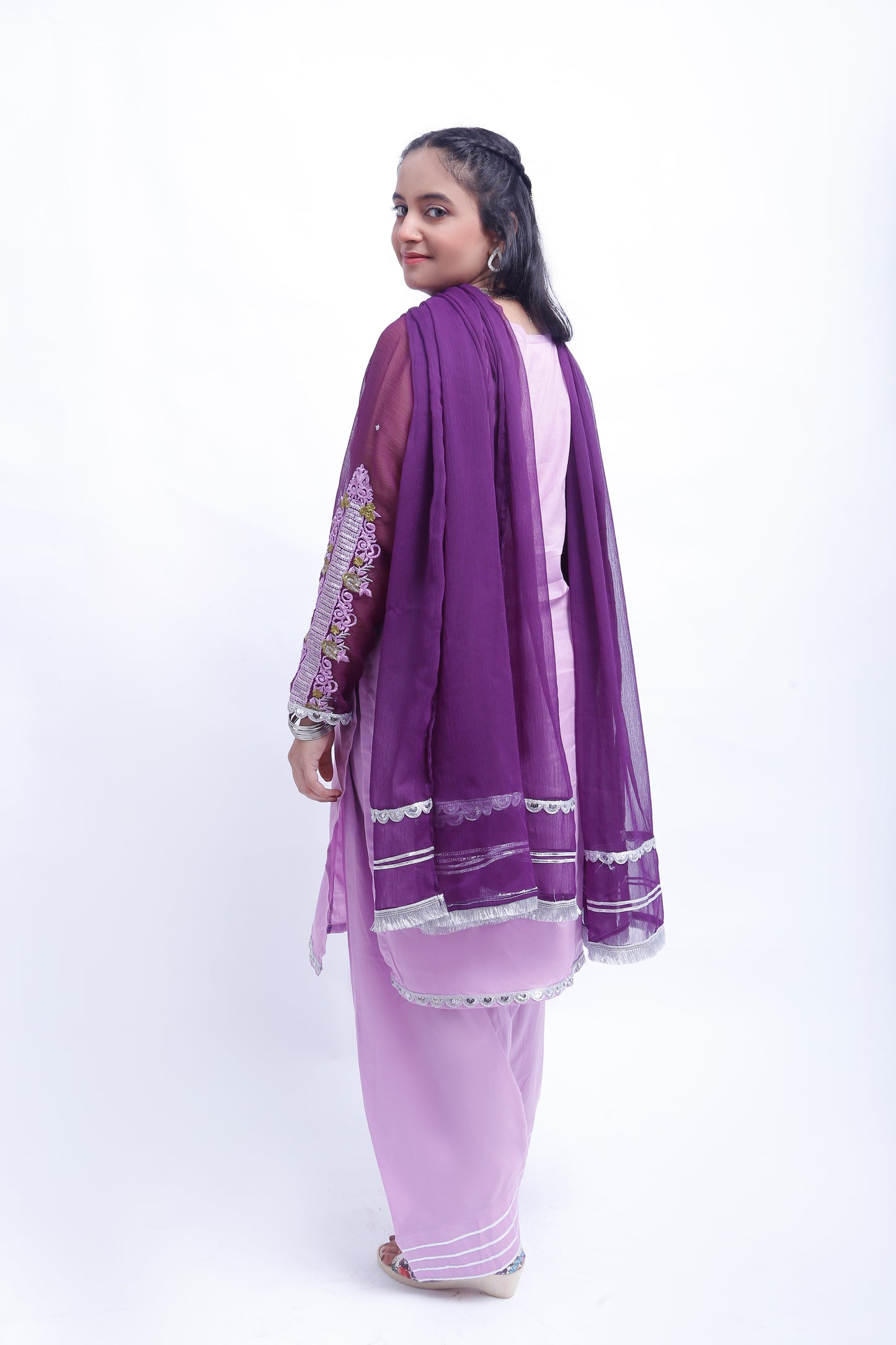 3 piece Light Purple Plazo Suit with Beautiful Silver Sitara Embroidered Purple Chiffon Sleeves & Purple Chiffon Dupatta. (Stitch)