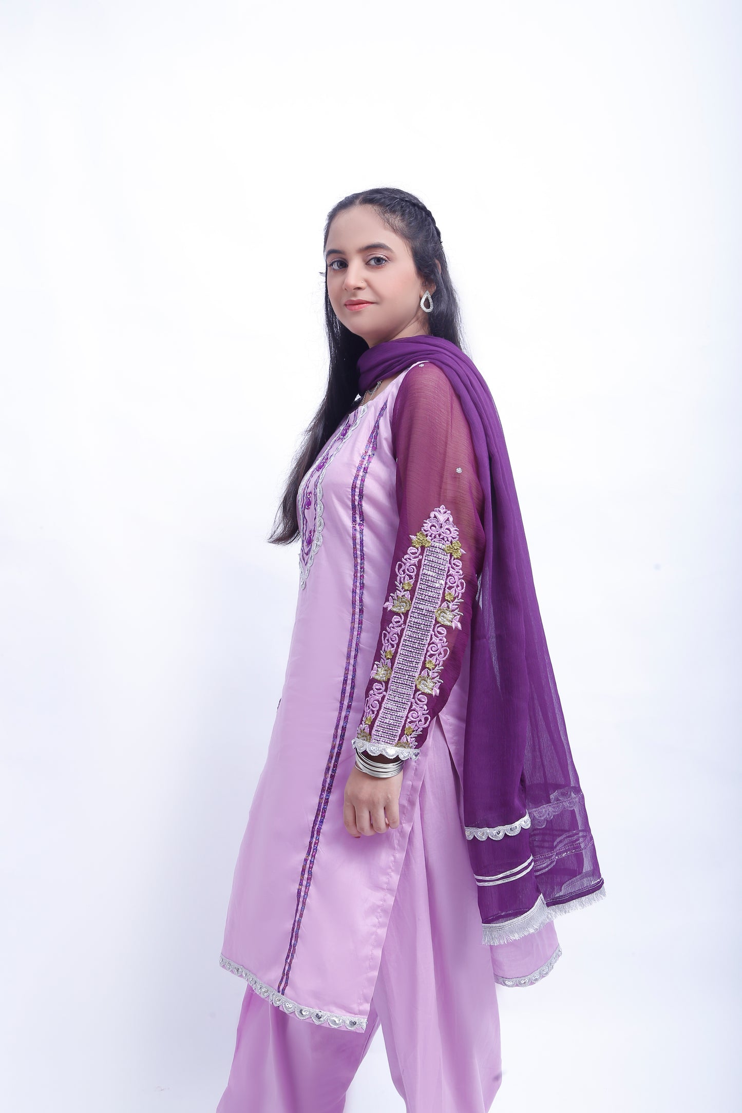3 piece Light Purple Plazo Suit with Beautiful Silver Sitara Embroidered Purple Chiffon Sleeves & Purple Chiffon Dupatta. (Stitch)