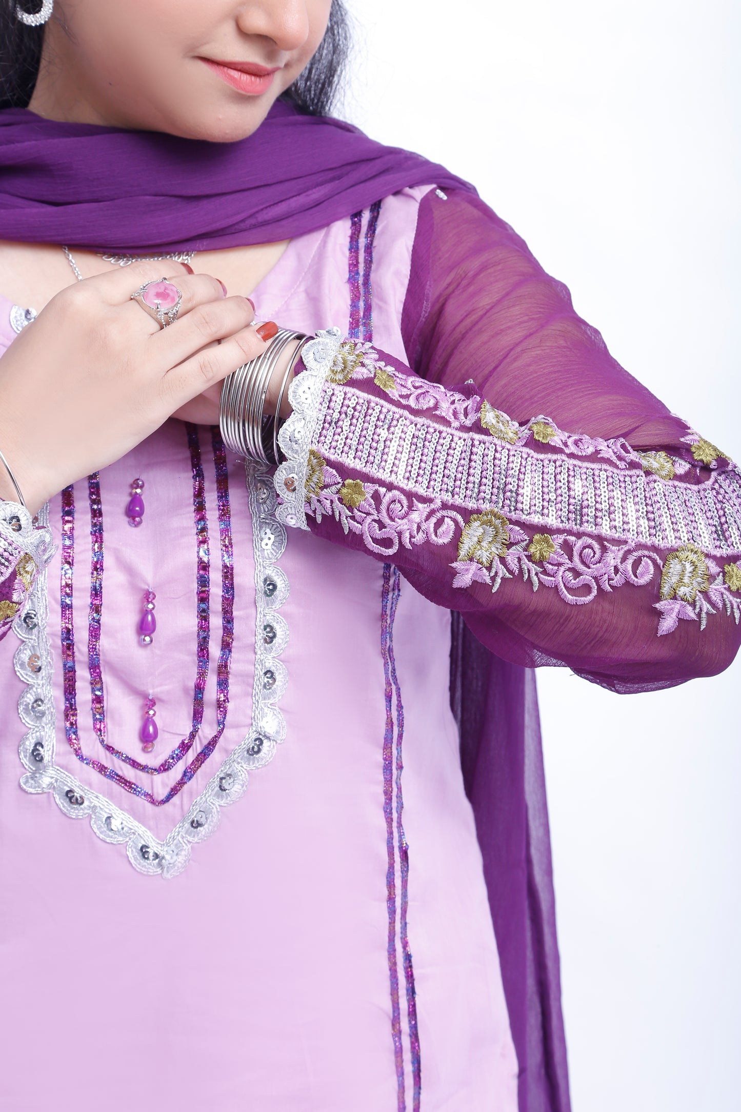 3 piece Light Purple Plazo Suit with Beautiful Silver Sitara Embroidered Purple Chiffon Sleeves & Purple Chiffon Dupatta. (Stitch)