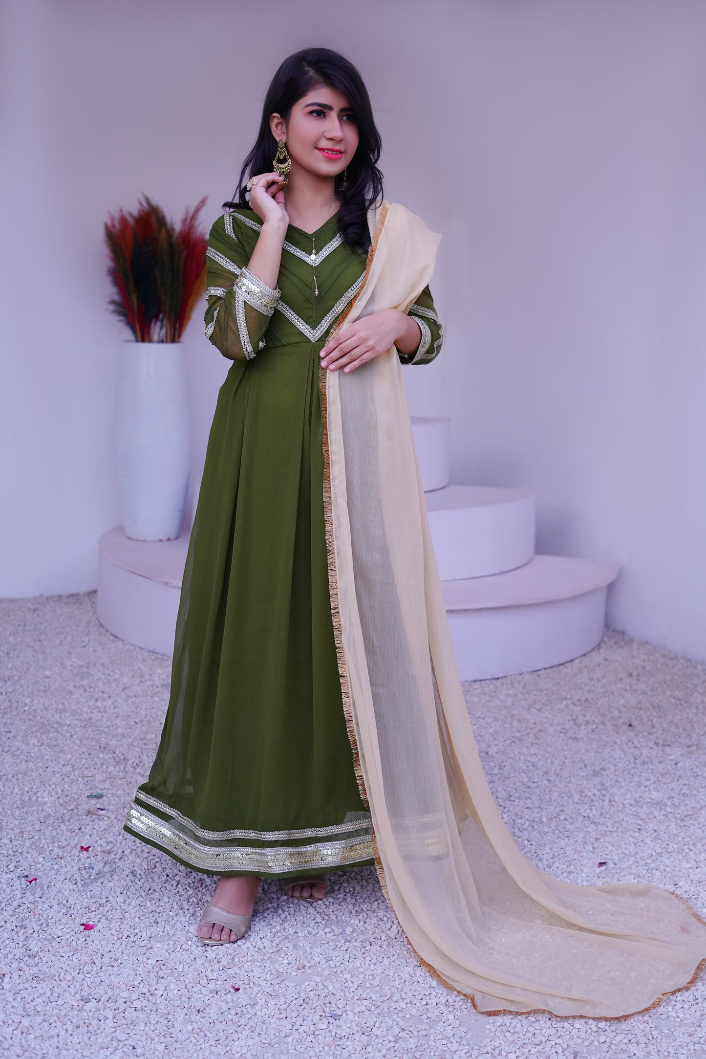 3 piece Mehdi Green Chiffon MAXI with Golden Chiffon Dupatta & Laces with Tussles.(Stitch)