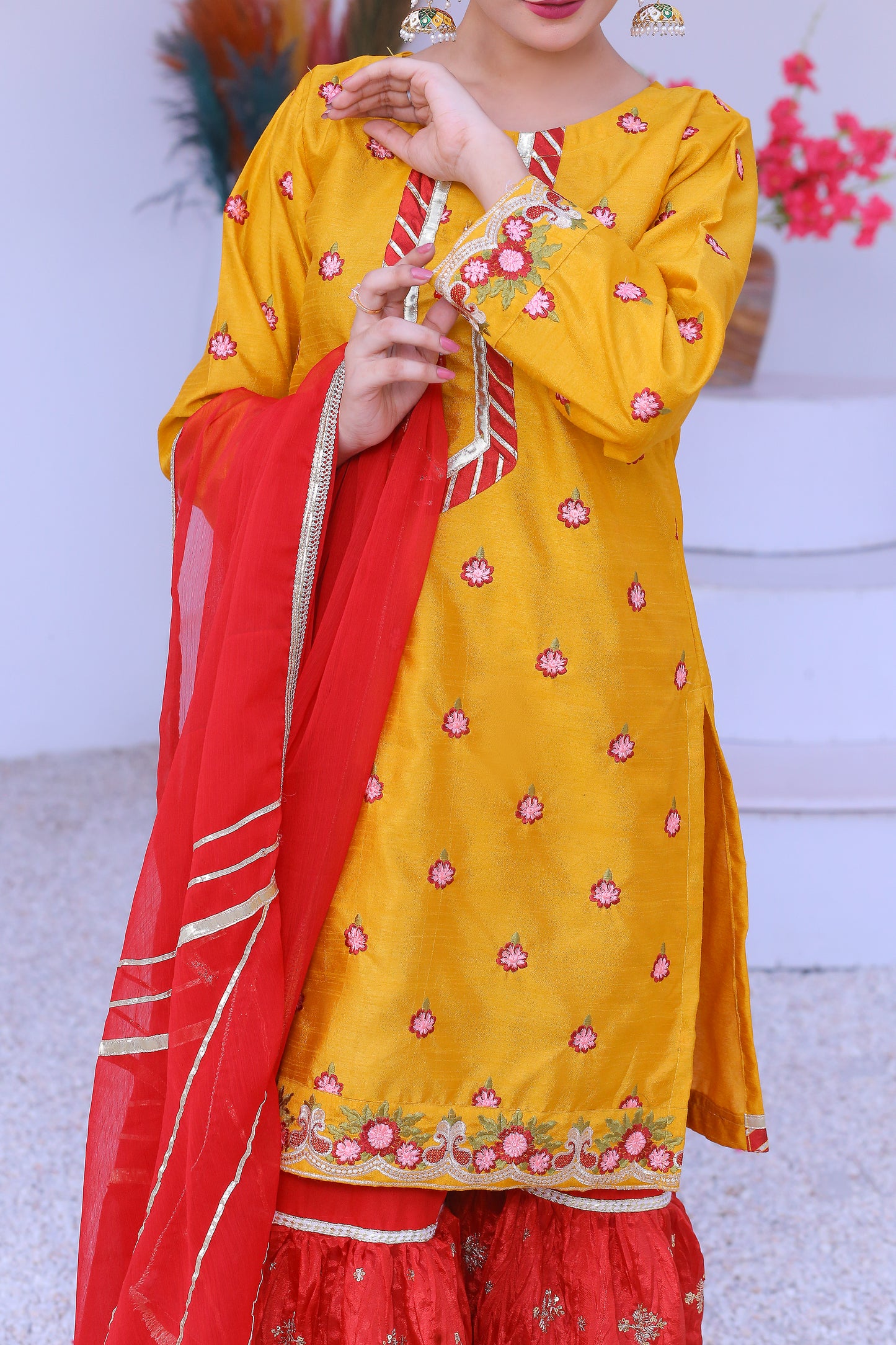 3 piece Mustered Embroidery Raw Silk Gharara Suit with Reddish Maroon Crush Embroidery Gharara & Reddish Maroon Chiffon Dupatta & Laces.(Stitch)
