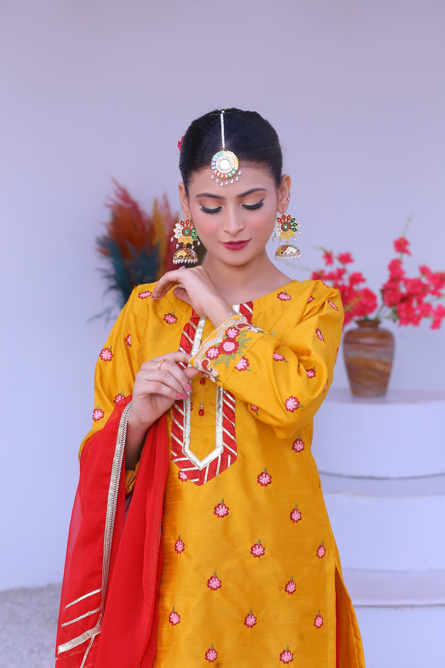 3 piece Mustered Embroidery Raw Silk Gharara Suit with Reddish Maroon Crush Embroidery Gharara & Reddish Maroon Chiffon Dupatta & Laces.(Stitch)