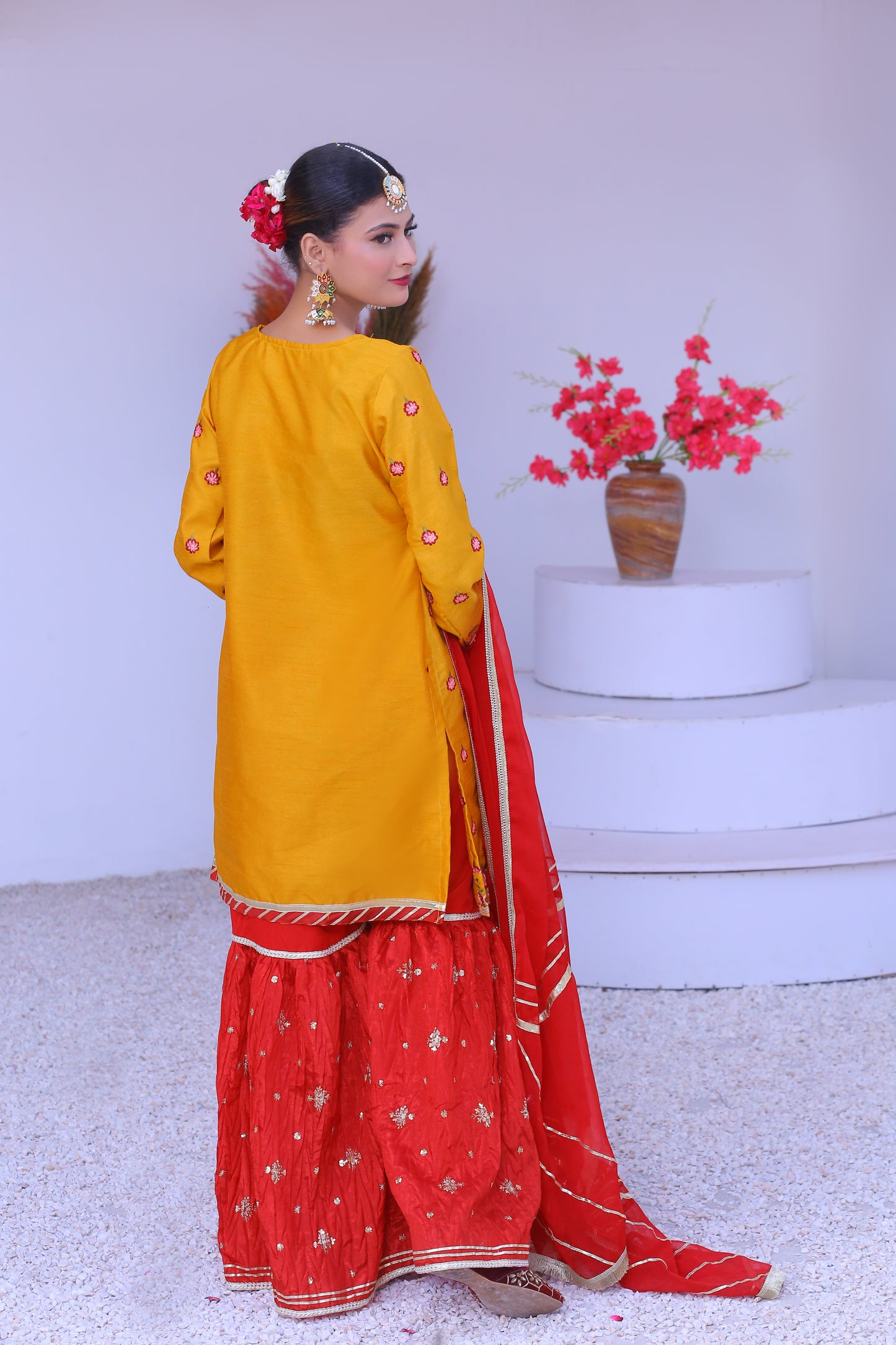 3 piece Mustered Embroidery Raw Silk Gharara Suit with Reddish Maroon Crush Embroidery Gharara & Reddish Maroon Chiffon Dupatta & Laces.(Stitch)