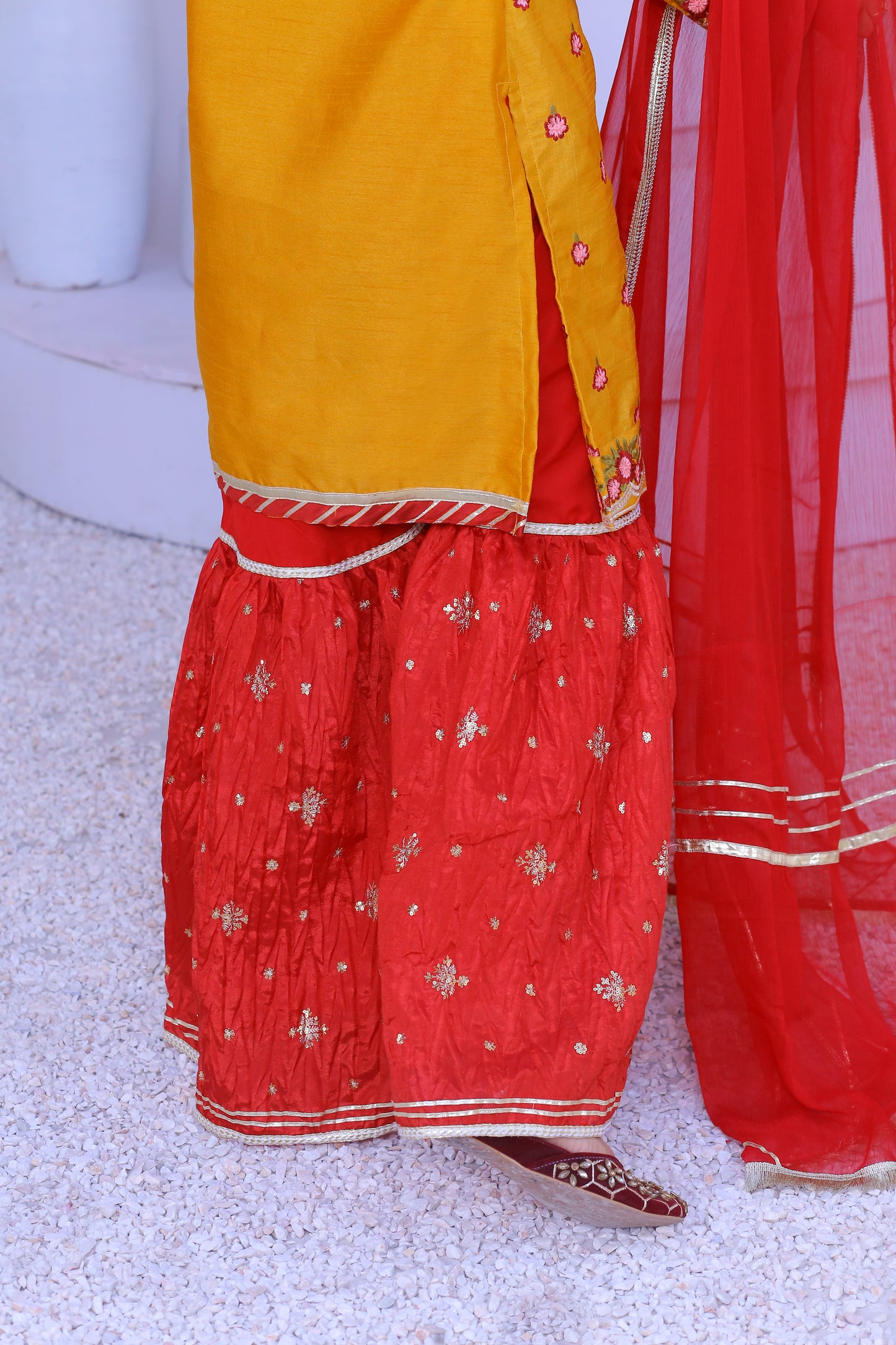 3 piece Mustered Embroidery Raw Silk Gharara Suit with Reddish Maroon Crush Embroidery Gharara & Reddish Maroon Chiffon Dupatta & Laces.(Stitch)