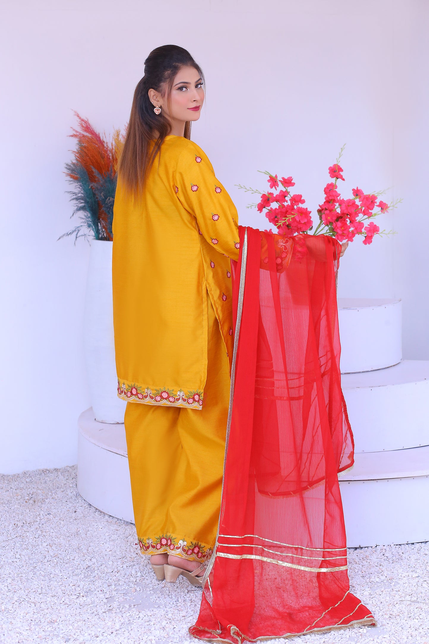 3 piece Mustered Raw Silk Embroidered Plazo Suit with Reddish Maroon Chiffon Dupatta & Golden Laces.(Stitch)