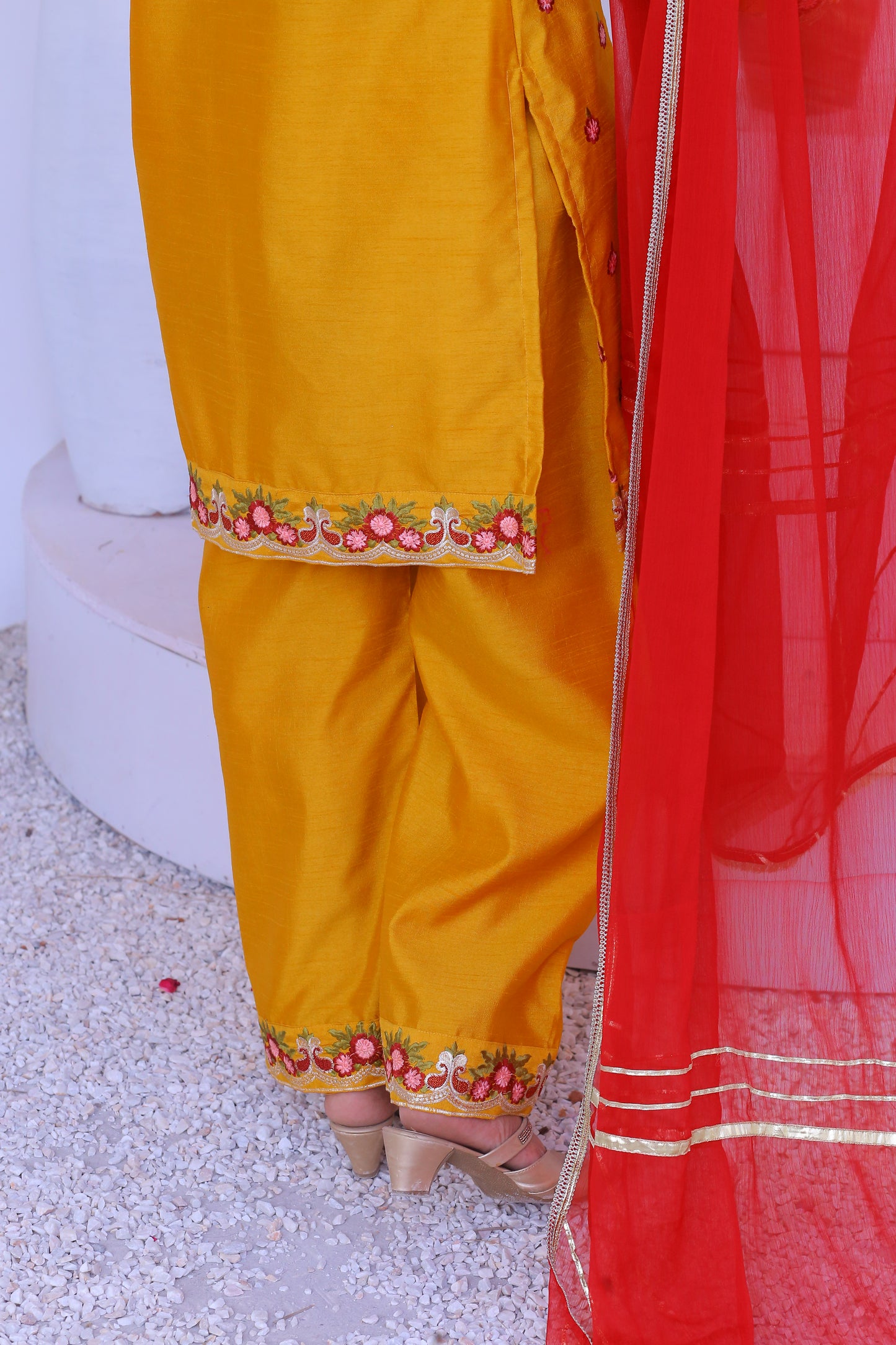 3 piece Mustered Raw Silk Embroidered Plazo Suit with Reddish Maroon Chiffon Dupatta & Golden Laces.(Stitch)