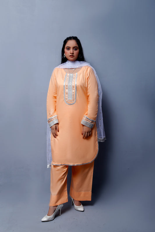 3 piece Peach Cotton Plazo Shalwar Kameez Suit with White/Silver Laces & White/Silver net chan Dupatta.(Stitch)
