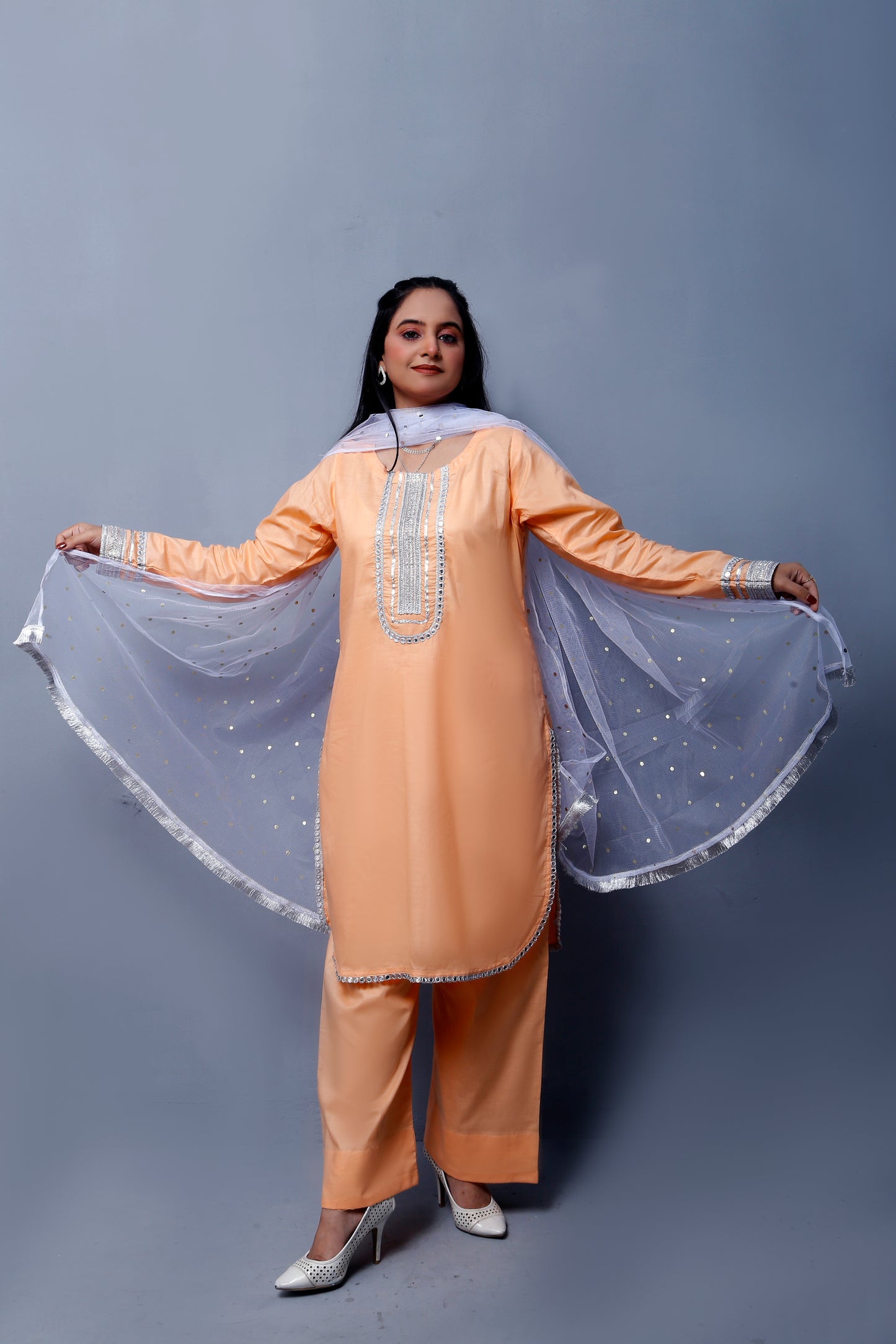 3 piece Peach Cotton Plazo Shalwar Kameez Suit with White/Silver Laces & White/Silver net chan Dupatta.(Stitch)