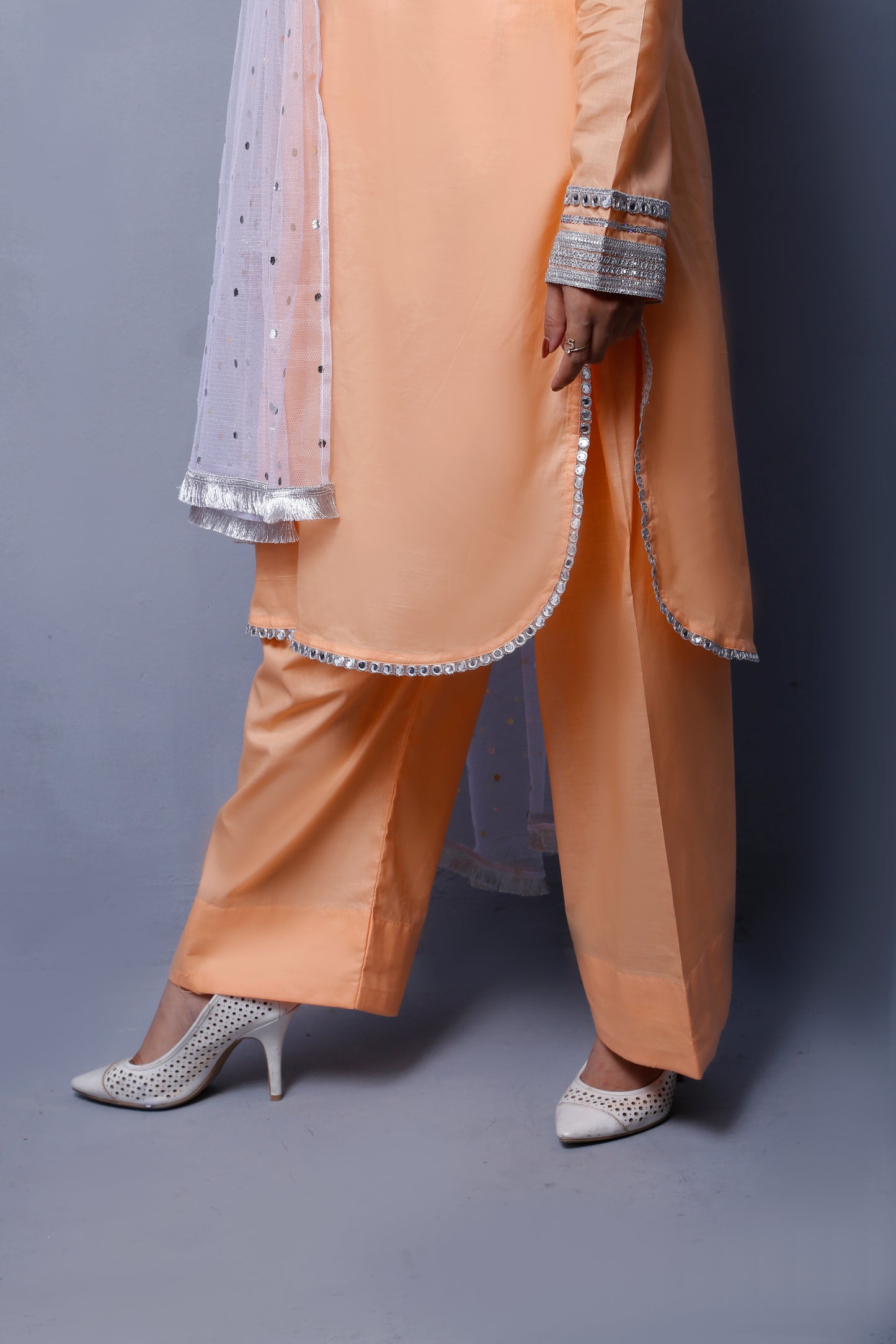 3 piece Peach Cotton Plazo Shalwar Kameez Suit with White/Silver Laces & White/Silver net chan Dupatta.(Stitch)