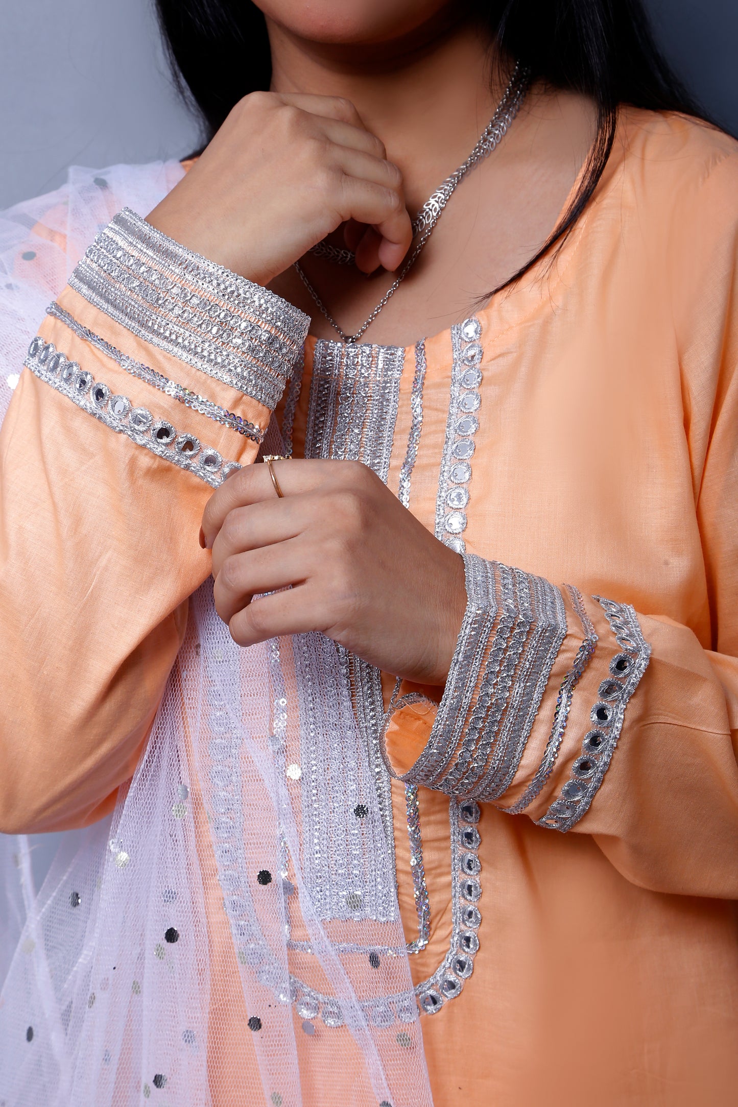 3 piece Peach Cotton Plazo Shalwar Kameez Suit with White/Silver Laces & White/Silver net chan Dupatta.(Stitch)