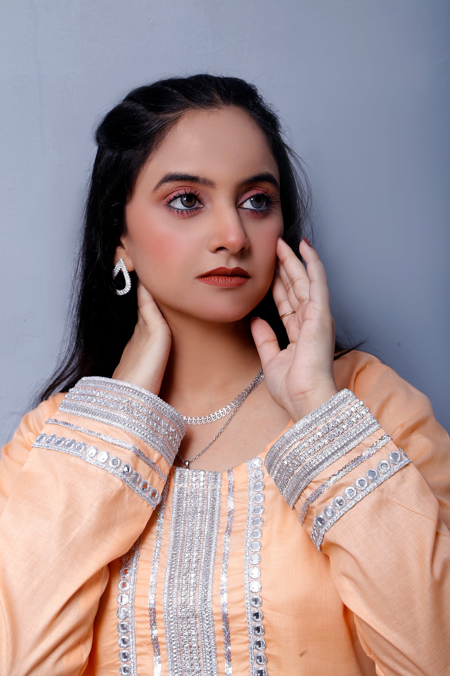 3 piece Peach Cotton Plazo Shalwar Kameez Suit with White/Silver Laces & White/Silver net chan Dupatta.(Stitch)