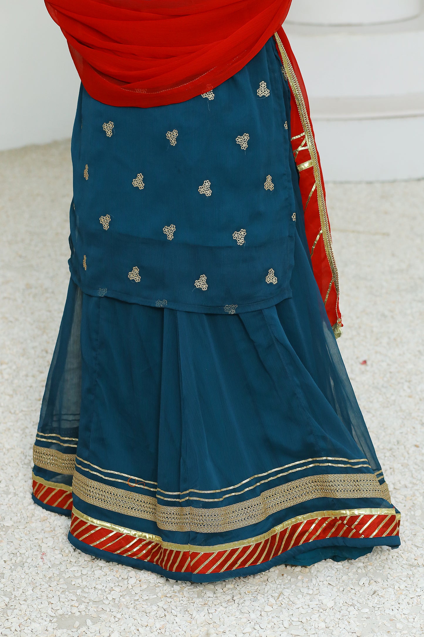 3 piece Peacock Embroidered Chiffon Long Shirt Lehenga Suit With Reddish Maroon Chiffon Dupatta & Golden Laces.(Stitch)