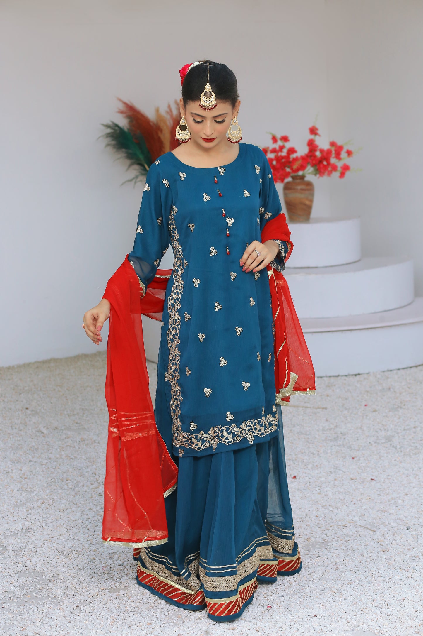 3 piece Peacock Embroidered Chiffon Long Shirt Lehenga Suit With Reddish Maroon Chiffon Dupatta & Golden Laces.(Stitch)