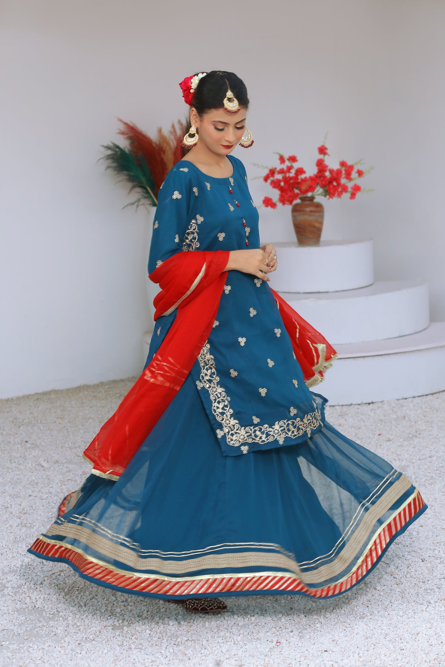 3 piece Peacock Embroidered Chiffon Long Shirt Lehenga Suit With Reddish Maroon Chiffon Dupatta & Golden Laces.(Stitch)