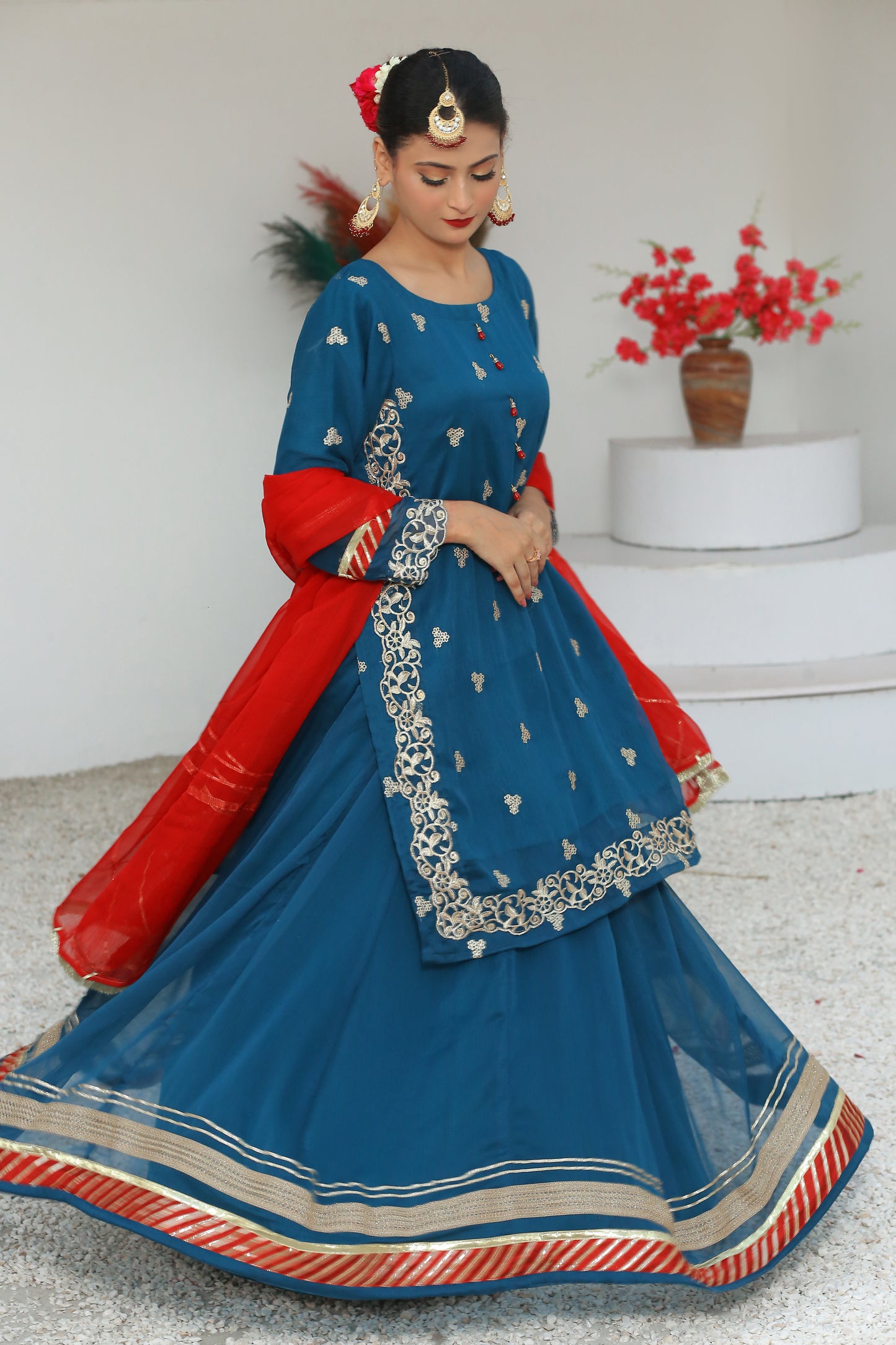 3 piece Peacock Embroidered Chiffon Long Shirt Lehenga Suit With Reddish Maroon Chiffon Dupatta & Golden Laces.(Stitch)