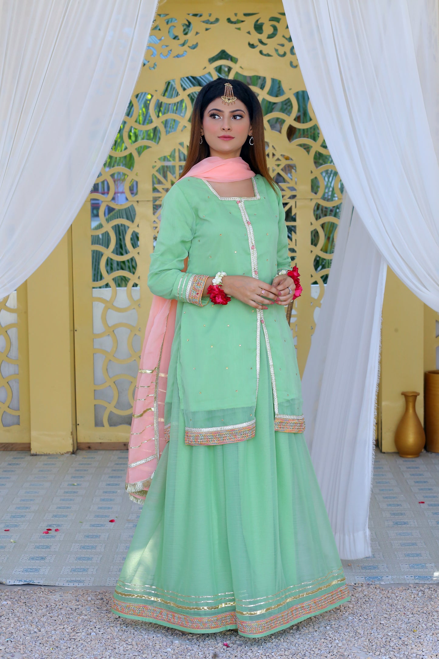 3 piece Pistachio Green Chiffon Lehenga Suit with Baby Pink Chiffon Dupatta & Multicolor & Golden Laces .(Stitch)