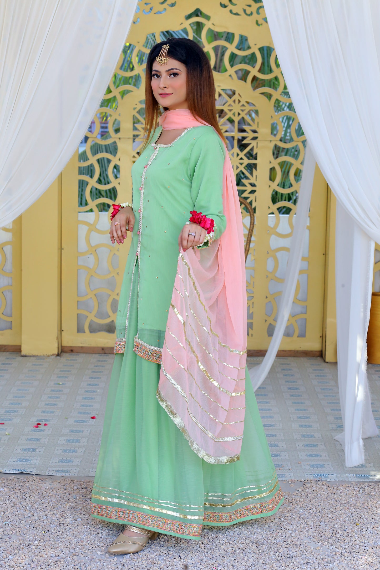 3 piece Pistachio Green Chiffon Lehenga Suit with Baby Pink Chiffon Dupatta & Multicolor & Golden Laces .(Stitch)